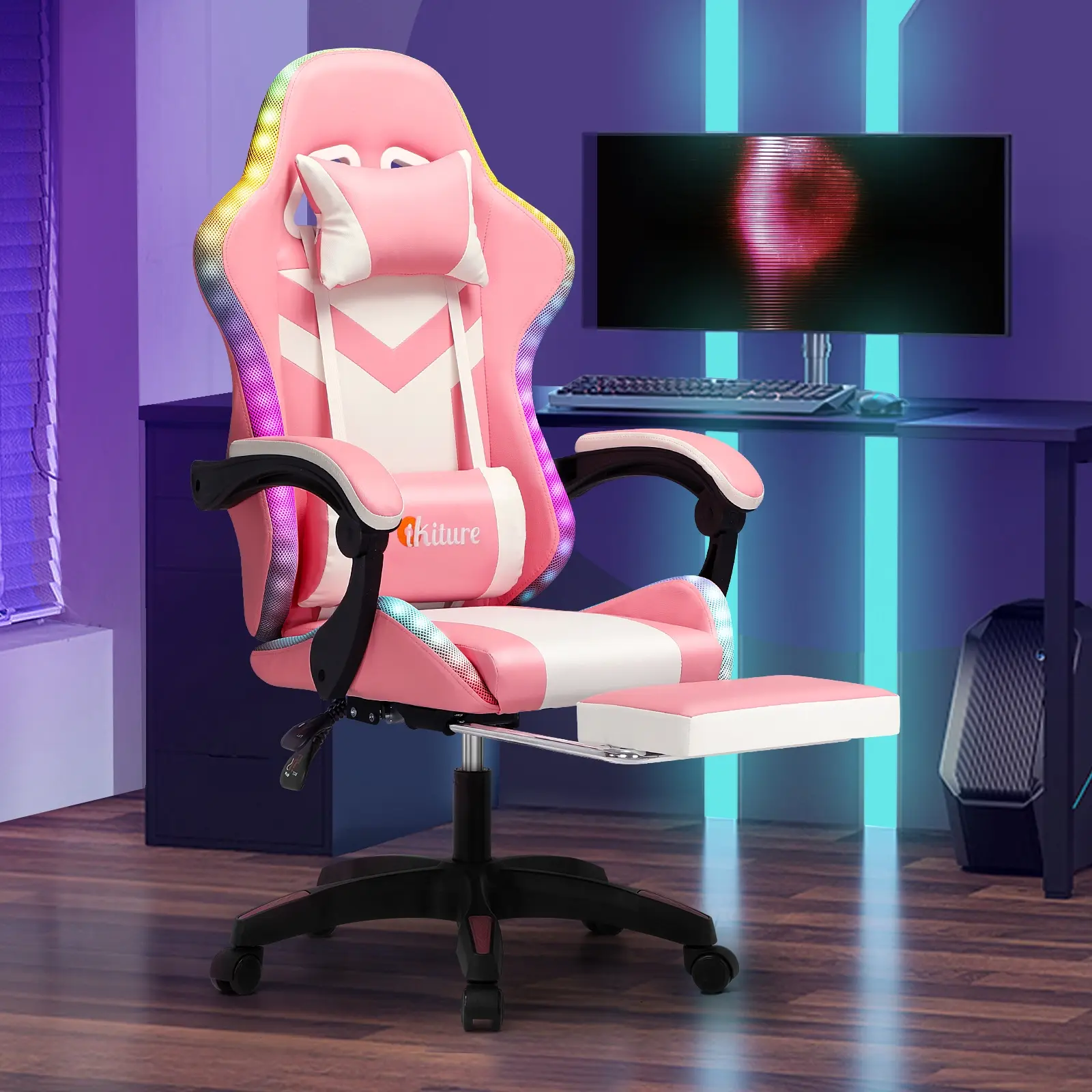 Oikiture Gaming Chair 7 RGB LED 8 Points Massage Racing Recliner Office Computer Pink&White - Furniture