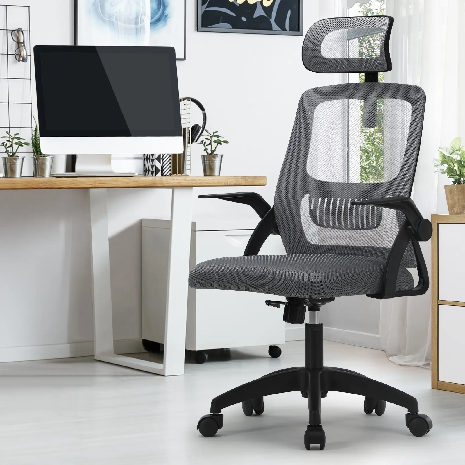 Oikiture Mesh Office Chair Executive Fabric Gaming Seat Racing Computer Dark Grey&Black - Furniture