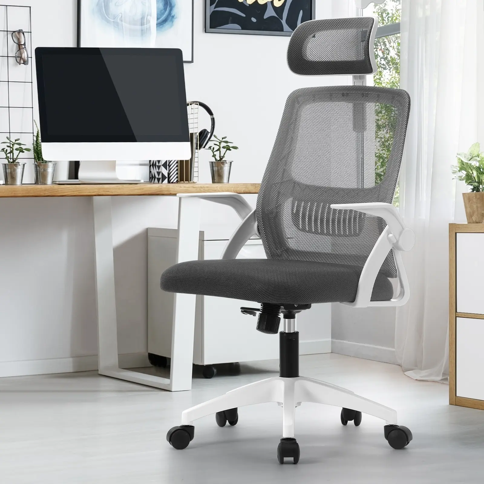 Oikiture Mesh Office Chair Executive Fabric Gaming Seat Racing Computer Dark Grey&White - Save up to 70% Off Office Furniture Specials