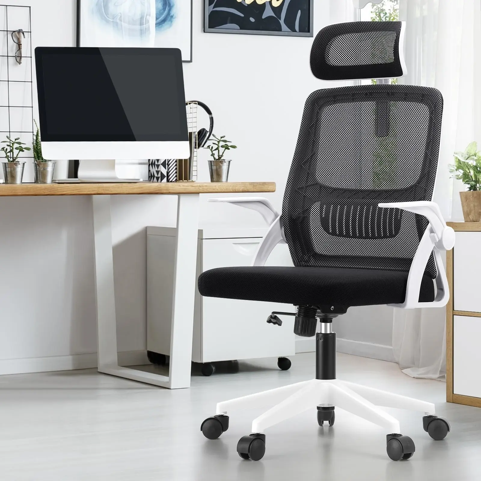 Oikiture Mesh Office Chair Executive Fabric Gaming Seat Racing Computer 1 White&Black - Furniture