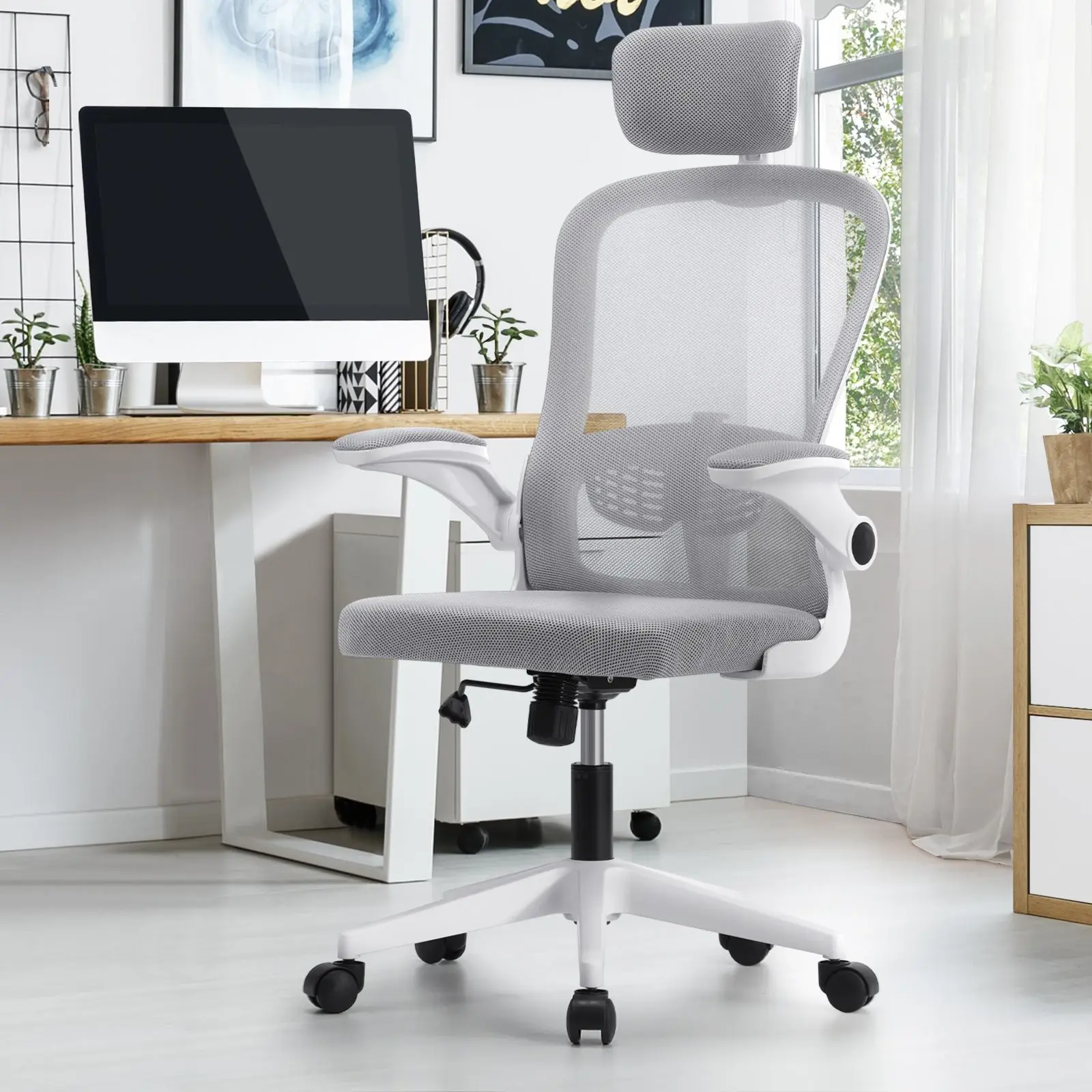 Oikiture Mesh Office Chair Executive Fabric Gaming Seat Racing Computer 1 White - Save up to 70% Off Office Furniture Specials