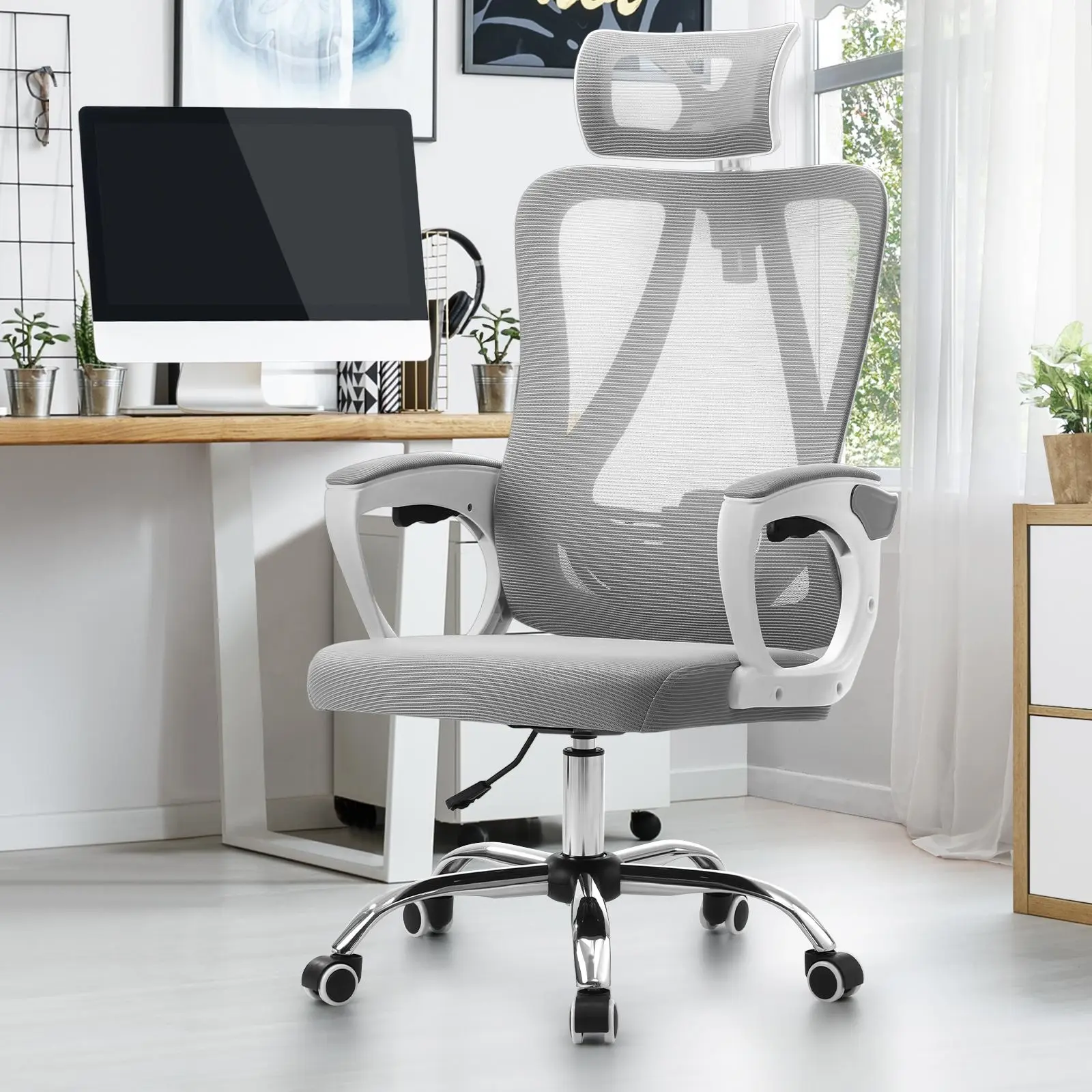 Oikiture Mesh Office Chair Adjustable Lumbar Support Reclining Computer White-Premium Edition