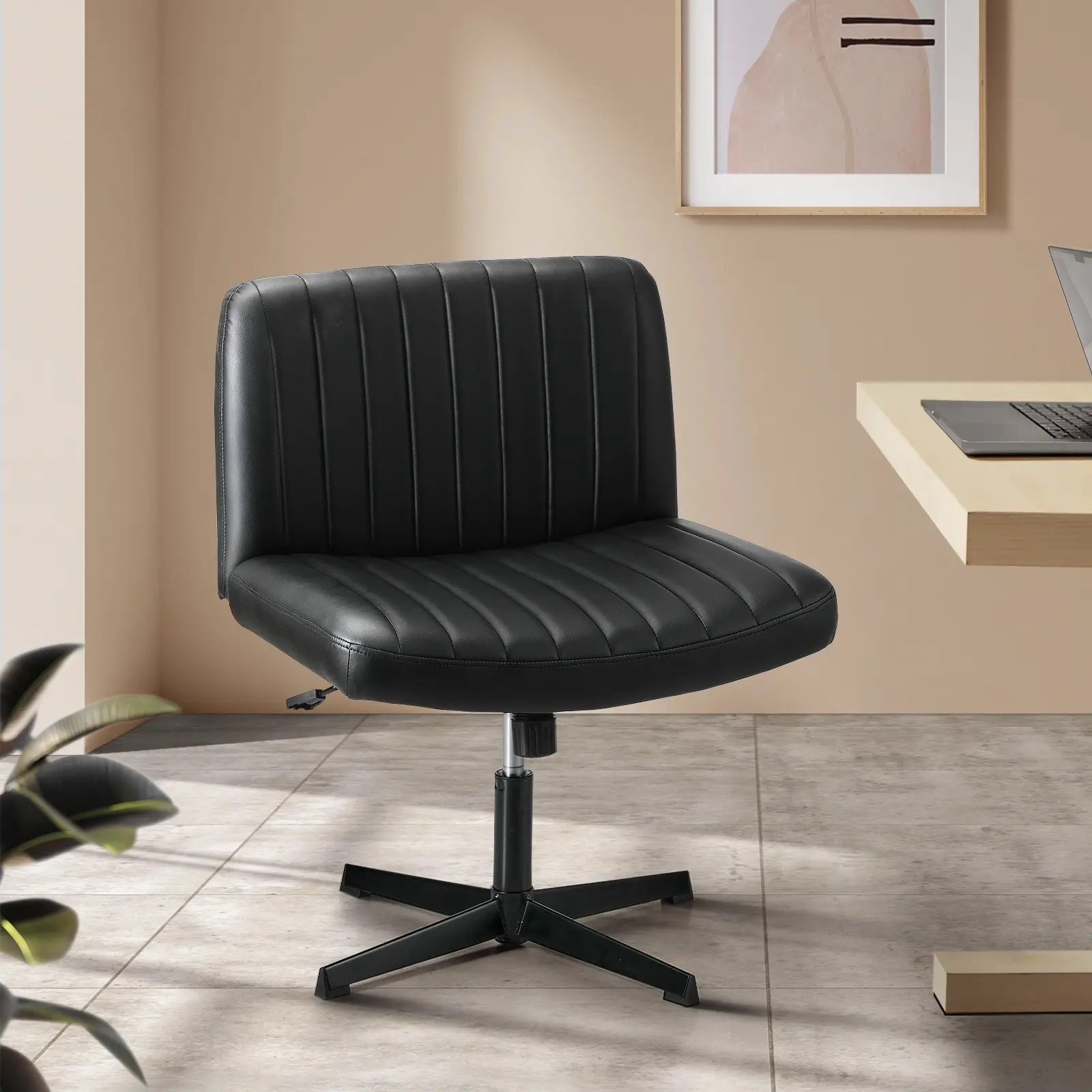Oikiture Mid Back Armless Office Desk Chair Wide Seat PU Leather Black - Furniture