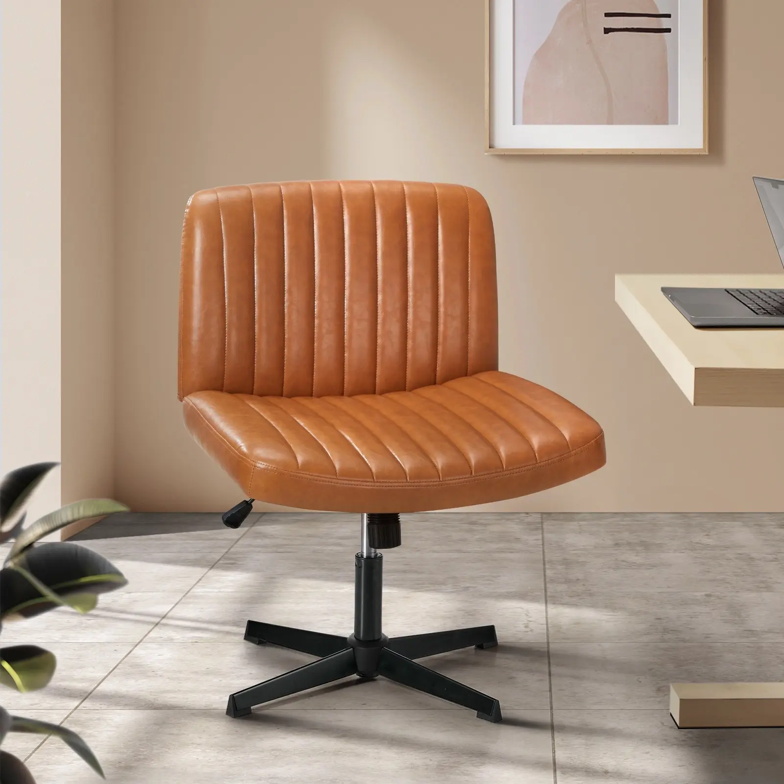 Oikiture Mid Back Armless Office Desk Chair Wide Seat PU Leather Brown - Furniture