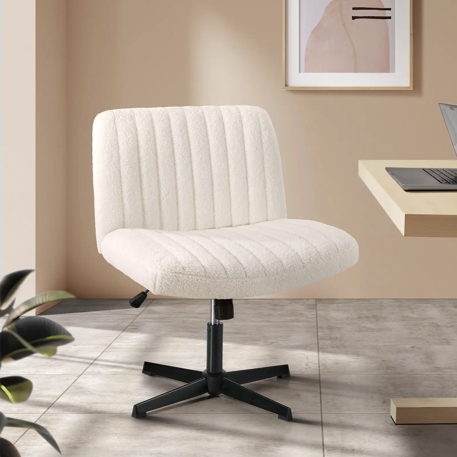 Oikiture Mid Back Armless Office Desk Chair Wide Seat Sherpa White - Furniture