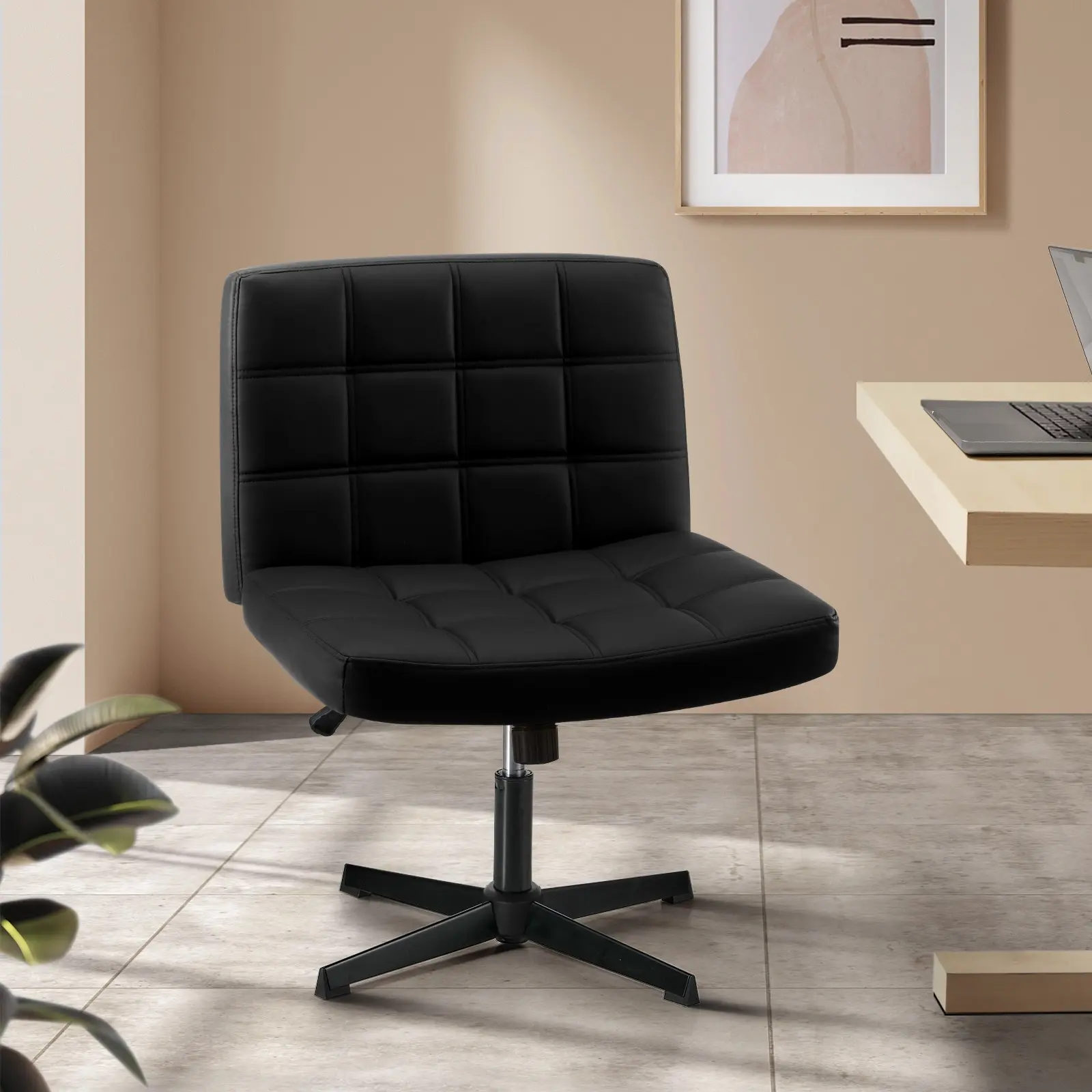 Oikiture Mid Back Armless Office Desk Chair Wide Seat Leather Black No Wheels - Furniture