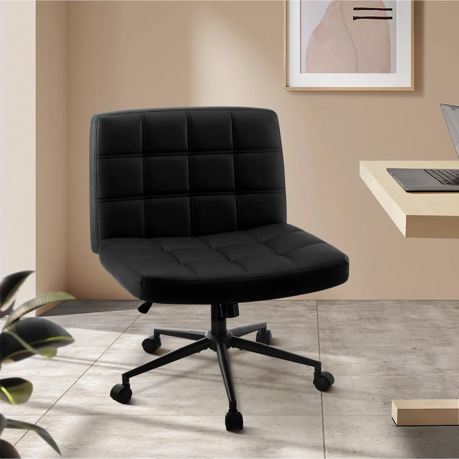 Oikiture Mid Back Armless Office Desk Chair Wide Seat PU Leather Black w/Wheels - Furniture