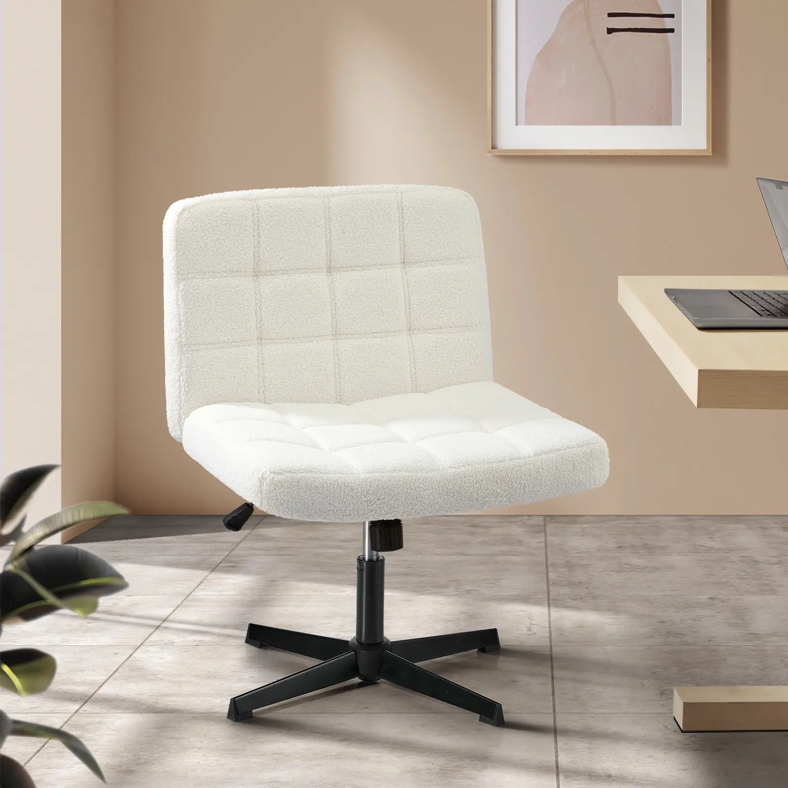 Oikiture Mid Back Armless Office Desk Chair Wide Seat Boucle White No Wheels - Furniture