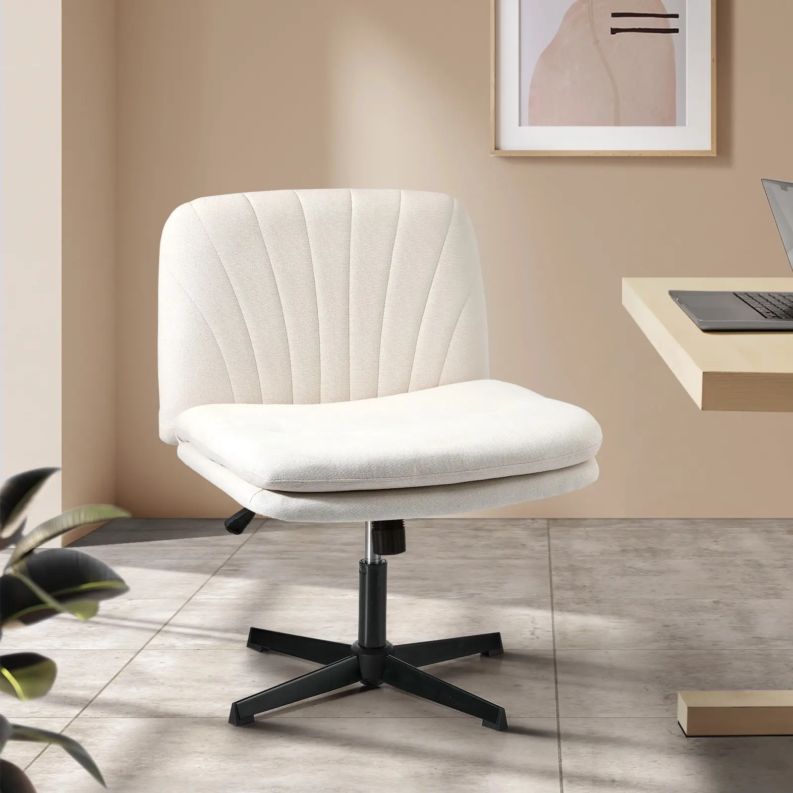 Oikiture Mid Back Armless Office Desk Chair Wide Seat Linen Beige No Wheels - Furniture