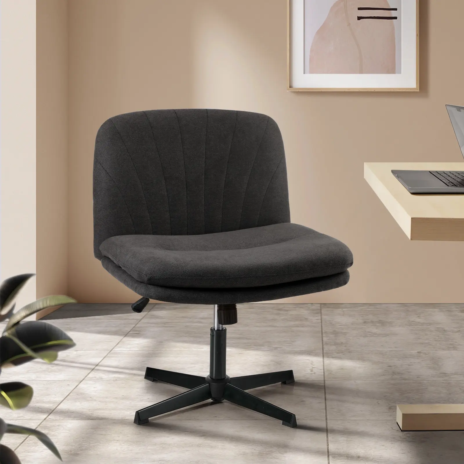 Oikiture Mid Back Armless Office Desk Chair Wide Seat Linen Charcoal No Wheels - Furniture