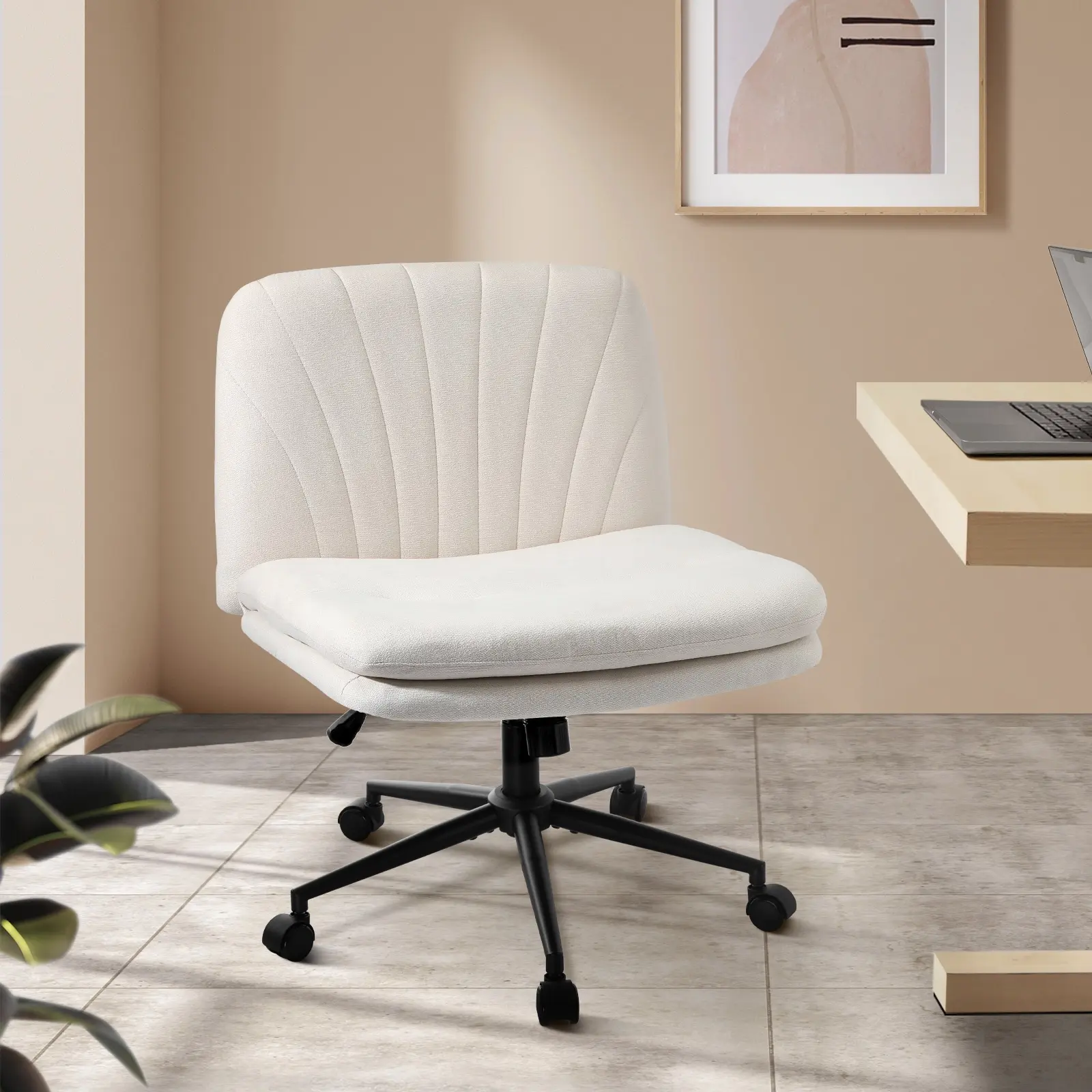 Oikiture Mid Back Armless Office Desk Chair Wide Seat Linen with Wheels Beige - Furniture