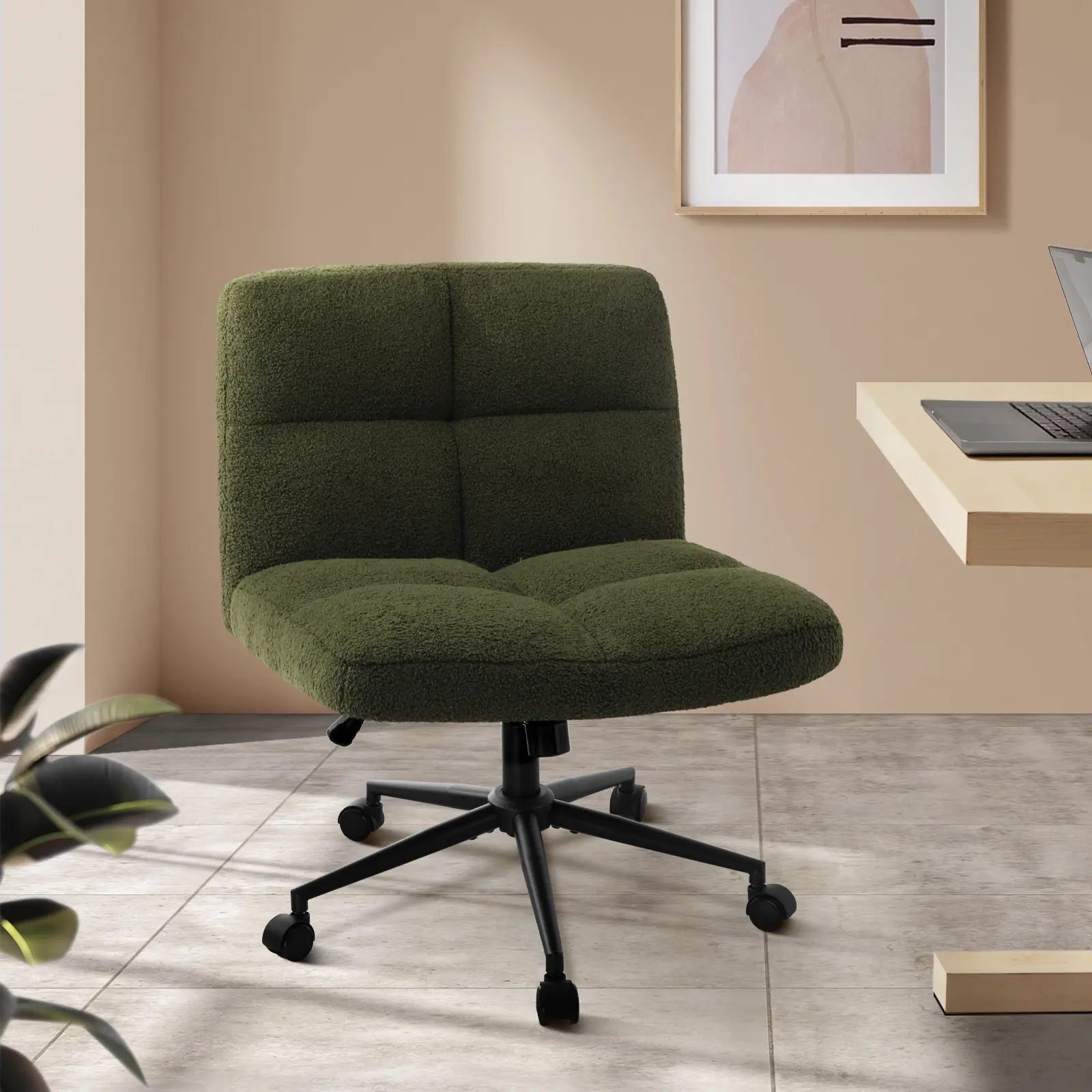 Oikiture Mid Back Armless Office Desk Chair Wide Seat with Wheels Boucle Green - Best Sellers From $10