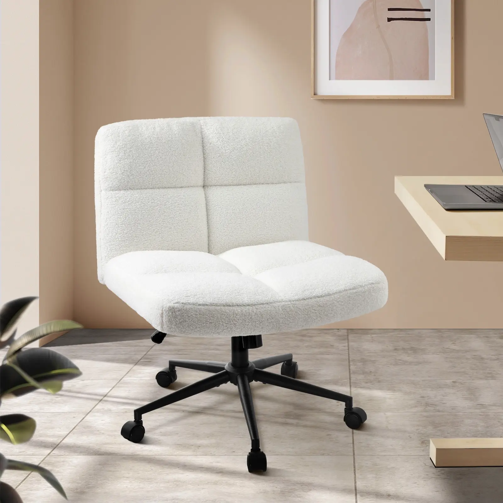 Oikiture Mid Back Armless Office Desk Chair Wide Seat with Wheels Boucle White - Save up to 70% Off Office Furniture Specials