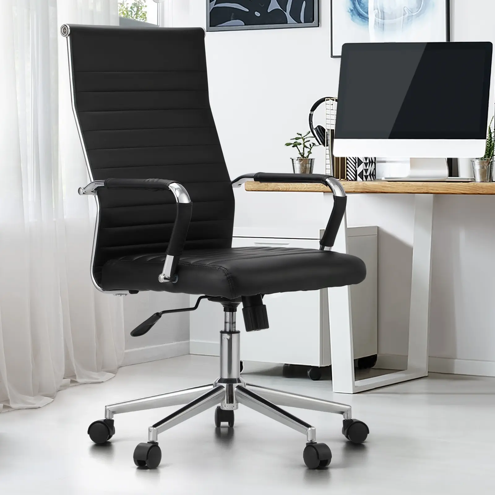 Oikiture Office Chair Executive Swivel Desk Chair High Back Leather Black - Furniture