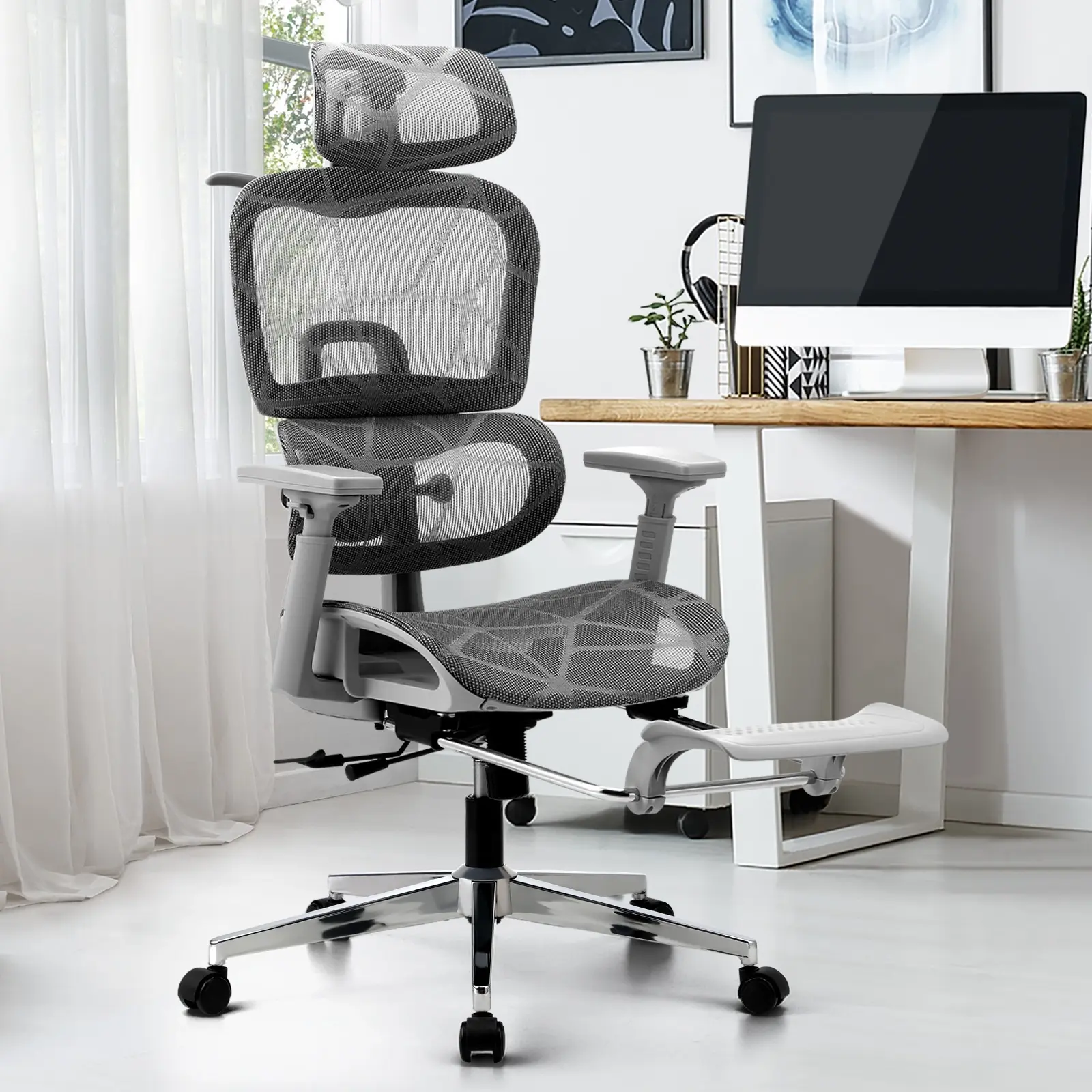 Oikiture Ergonomic Office Chair Mesh Executive Seat Computer Chairs Grey - Furniture
