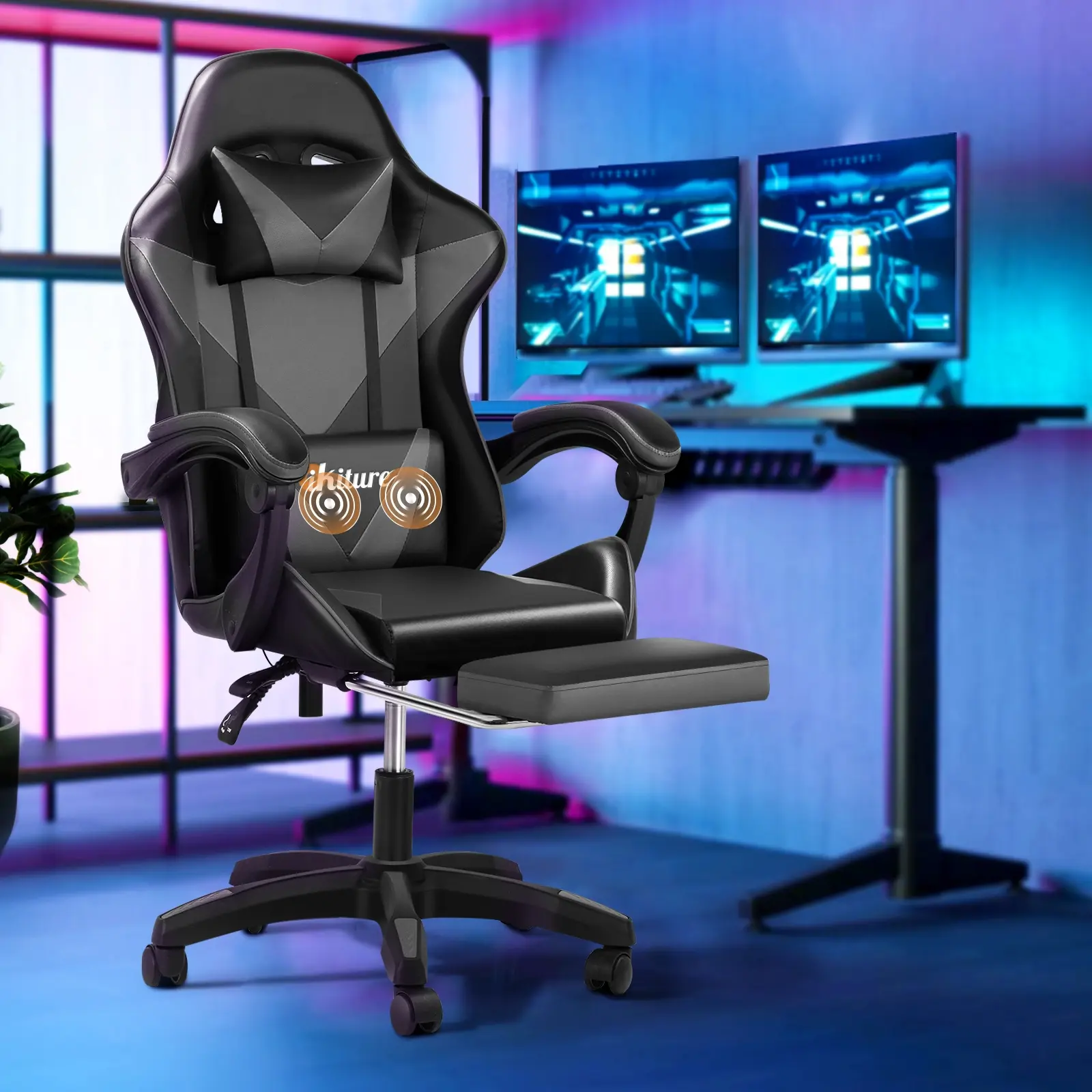 Oikiture Massage Gaming Chair Lumbar Support Height Adjustable Swivel Seat Headrest for Office Black&Grey - Furniture