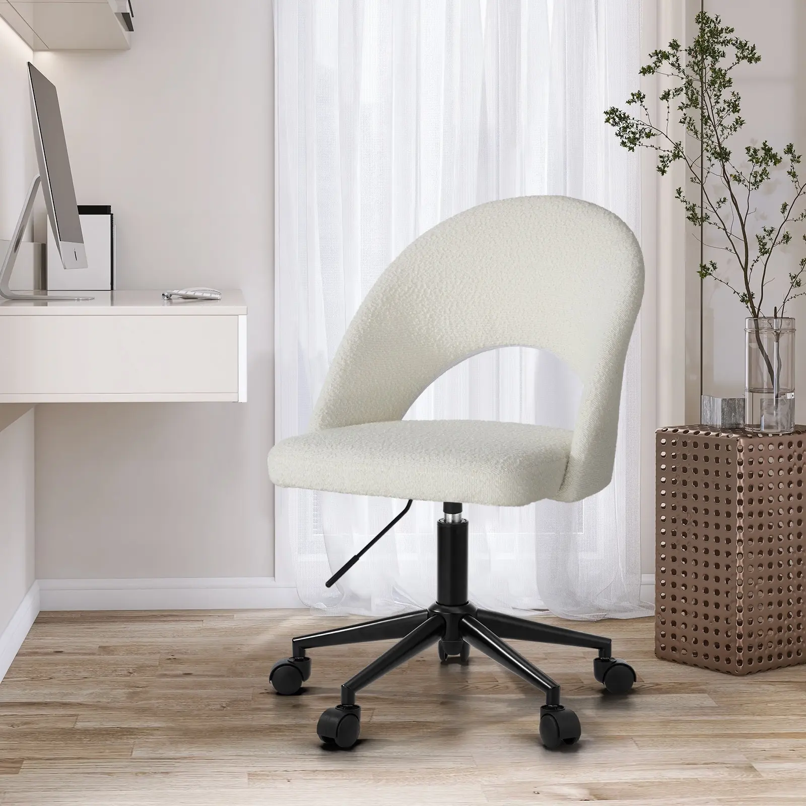 Oikiture High Back Hollow Armless Home Office Chair Boucle White&Black - Furniture
