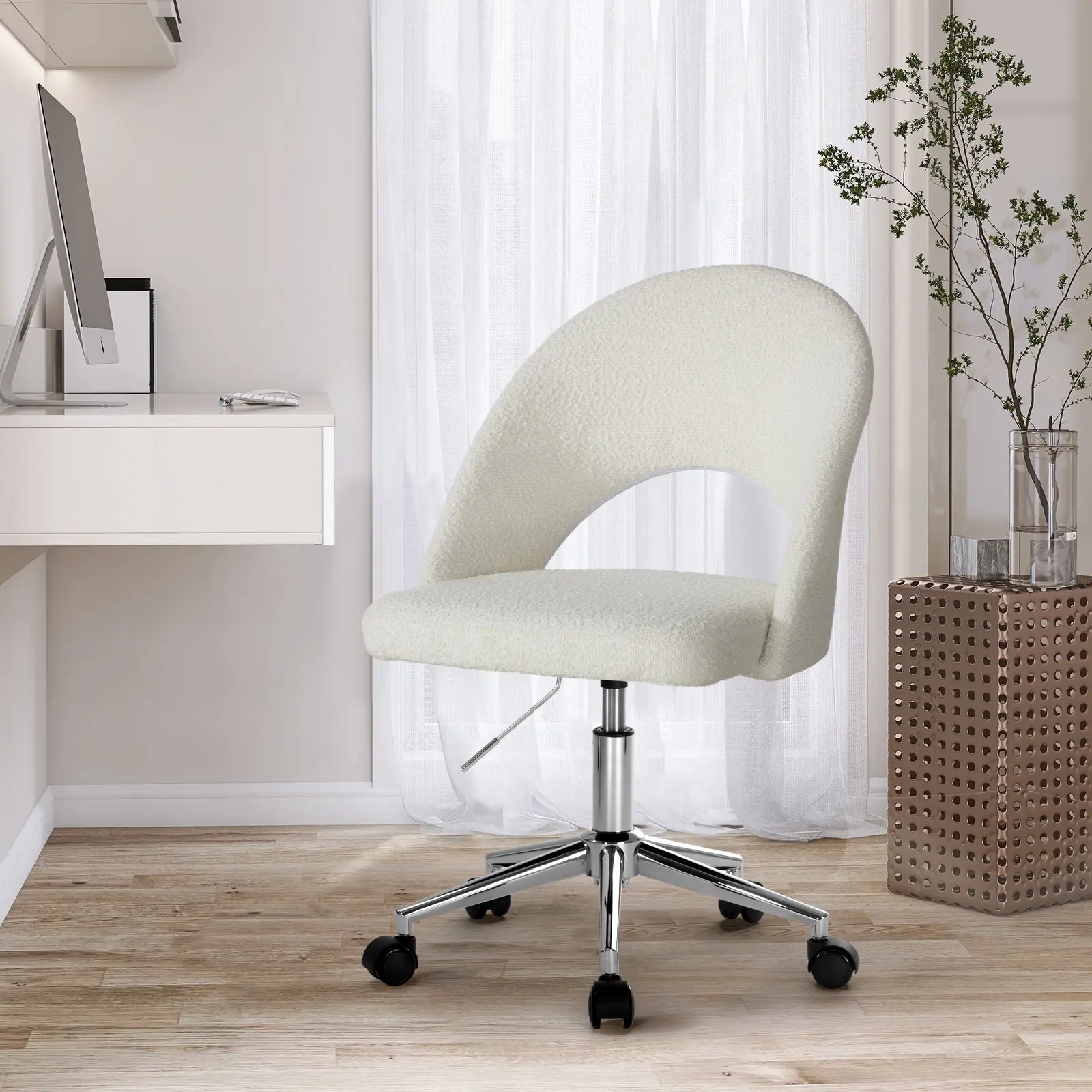 Oikiture High Back Hollow Armless Home Office Chair Boucle White&Silver - Save up to 70% Off Office Furniture Specials