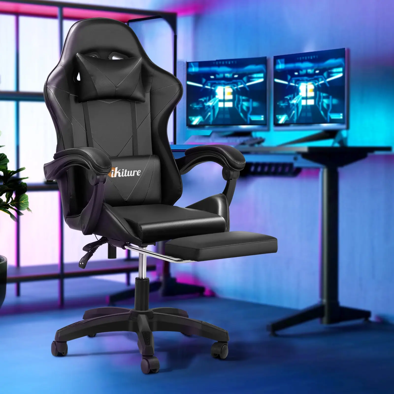 Oikiture Massage Racing Gaming Chair Recliner Office PU Leather with Footrest Black - Save up to 70% Off Office Furniture Specials