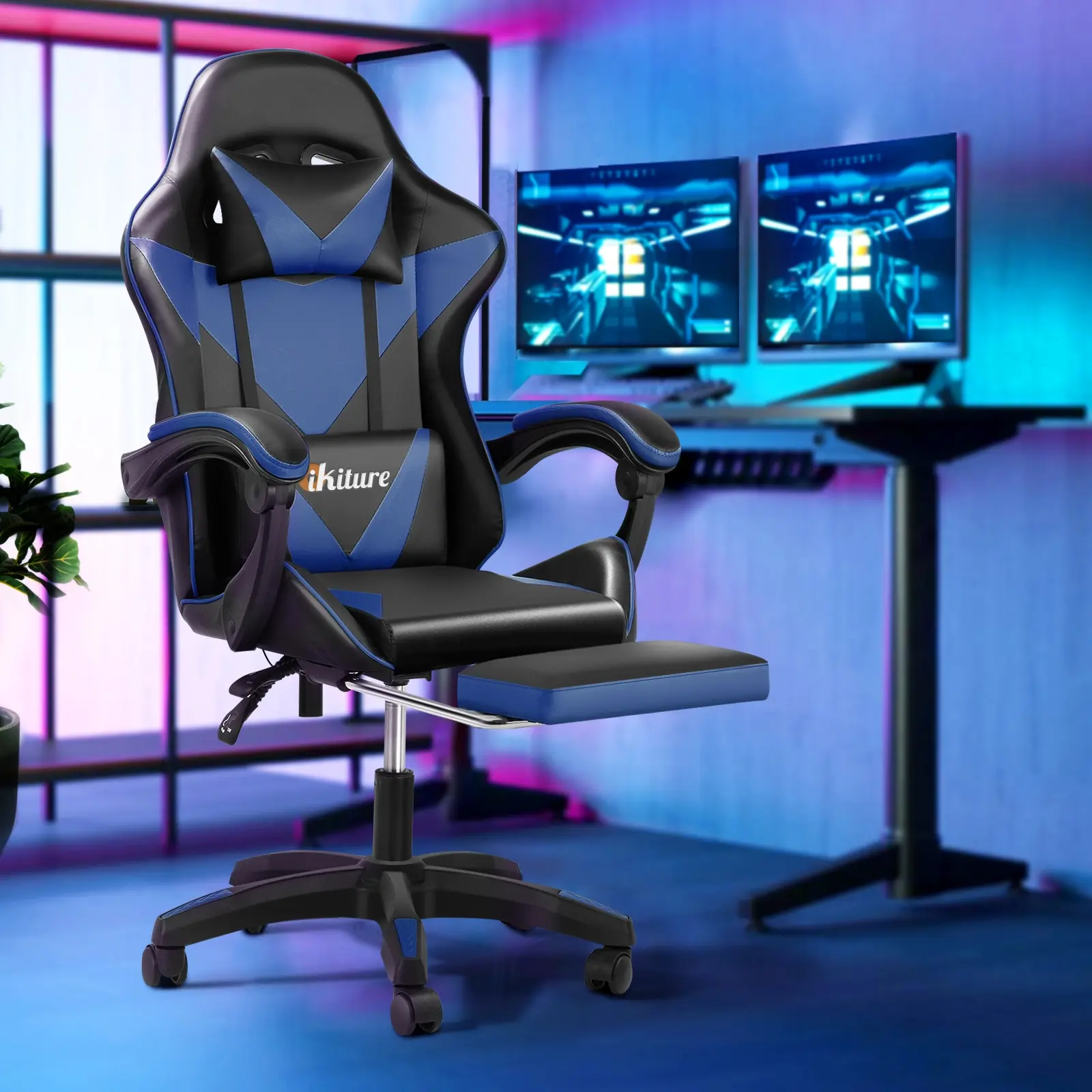 Oikiture Gaming Chair Massage Racing Recliner Office PU Leather with Footrest Black&Blue - Furniture