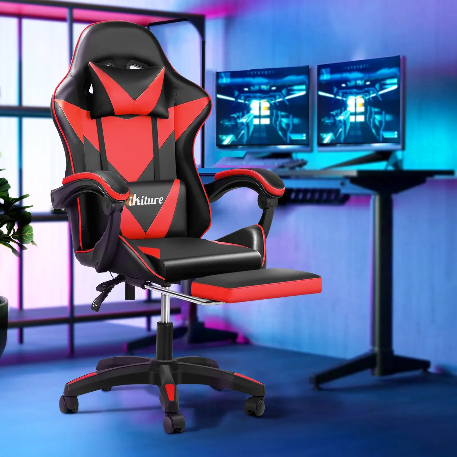 Oikiture Gaming Office Chair Massage Racing Recliner Computer Work Armrest Seat Black&Red - Furniture