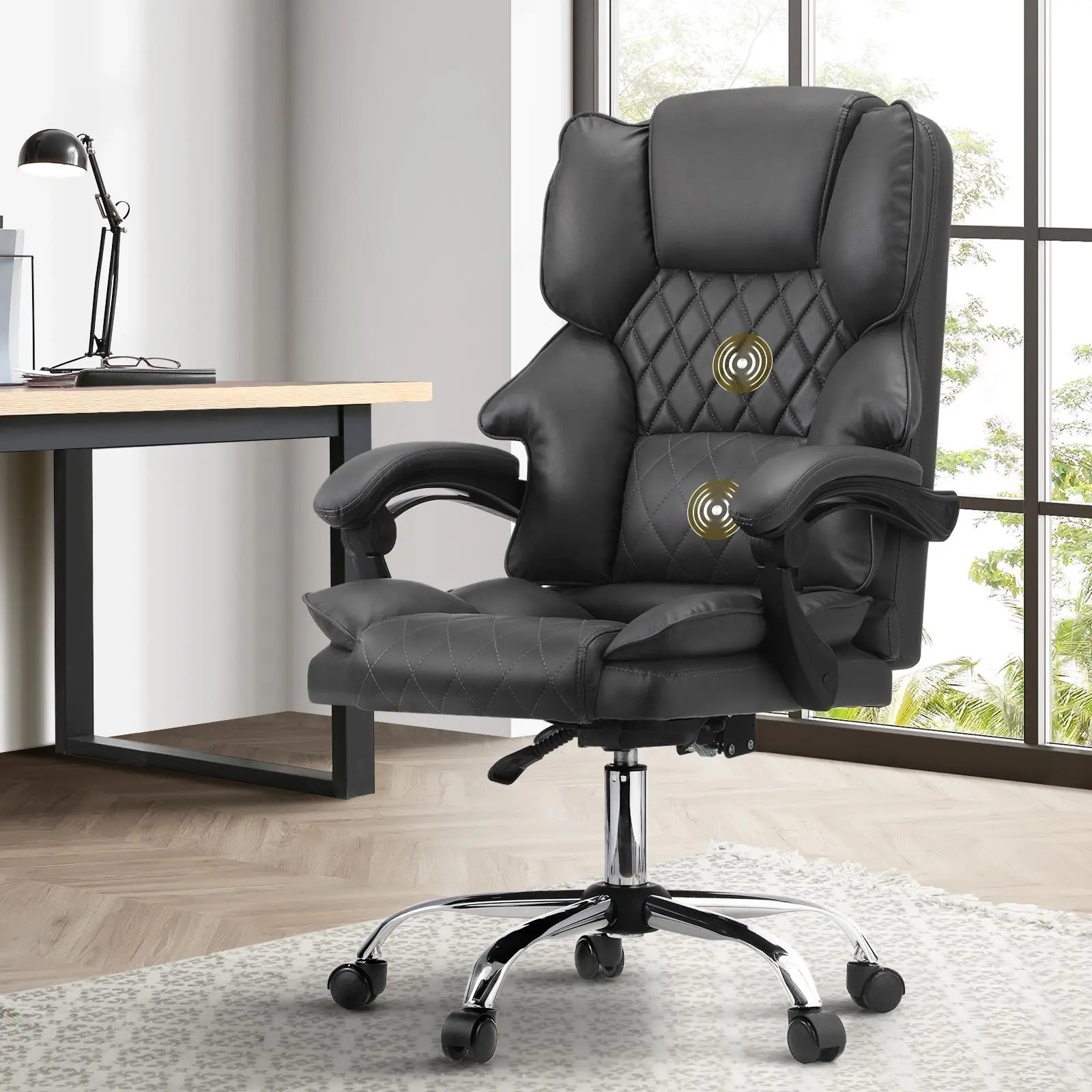 Oikiture Massage Office Chair Executive Computer Racer PU Leather Seat Recliner Grey - Save up to 70% Off Office Furniture Specials