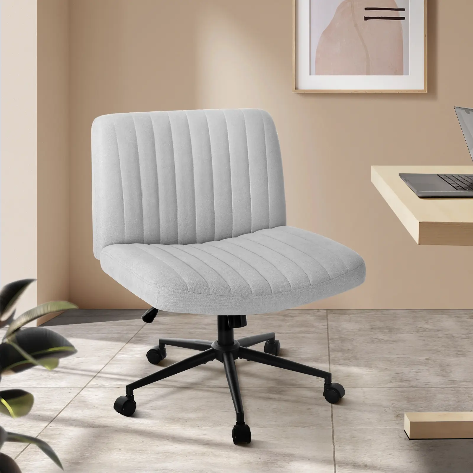 Oikiture Mid Back Armless Office Desk Chair Wide Seat with Wheels Linen Grey - Save up to 70% Off Office Furniture Specials