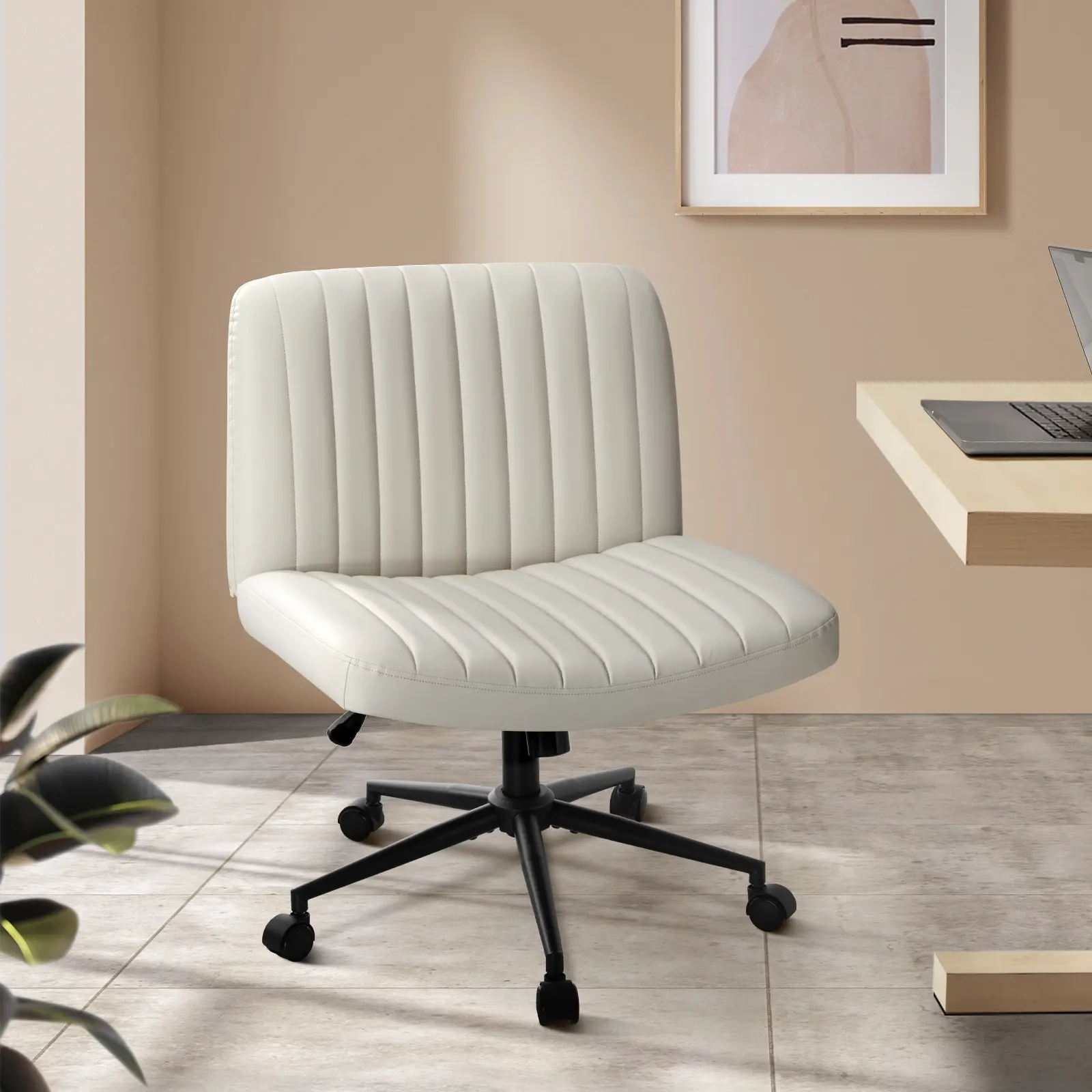 Oikiture Mid Back Armless Office Desk Chair Wide Seat with Wheels Leather Beige - Save up to 70% Off Office Furniture Specials