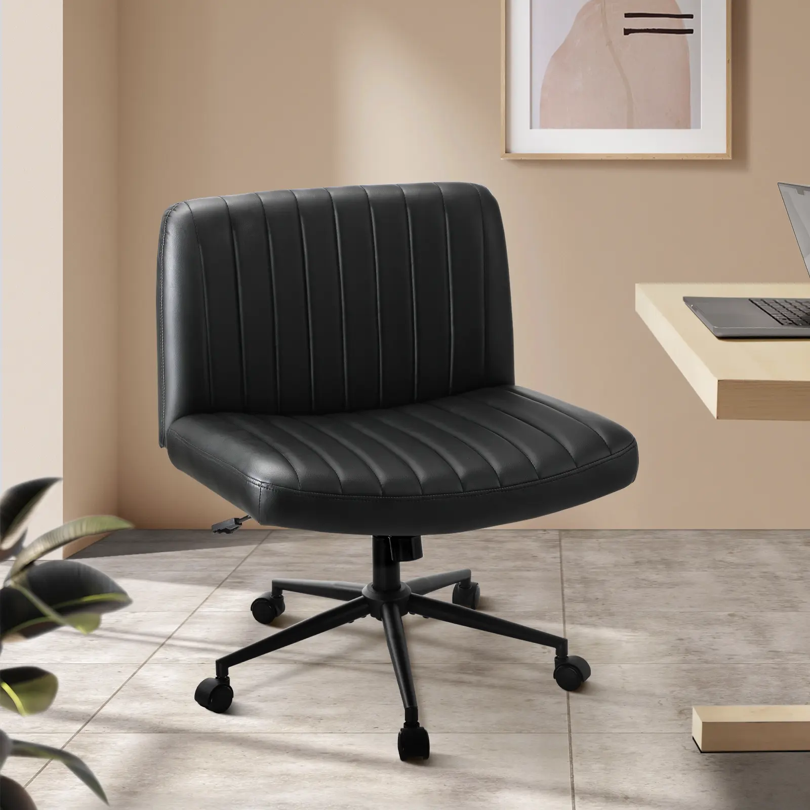 Oikiture Mid Back Armless Office Desk Chair Wide Seat with Wheels Leather Black - Furniture