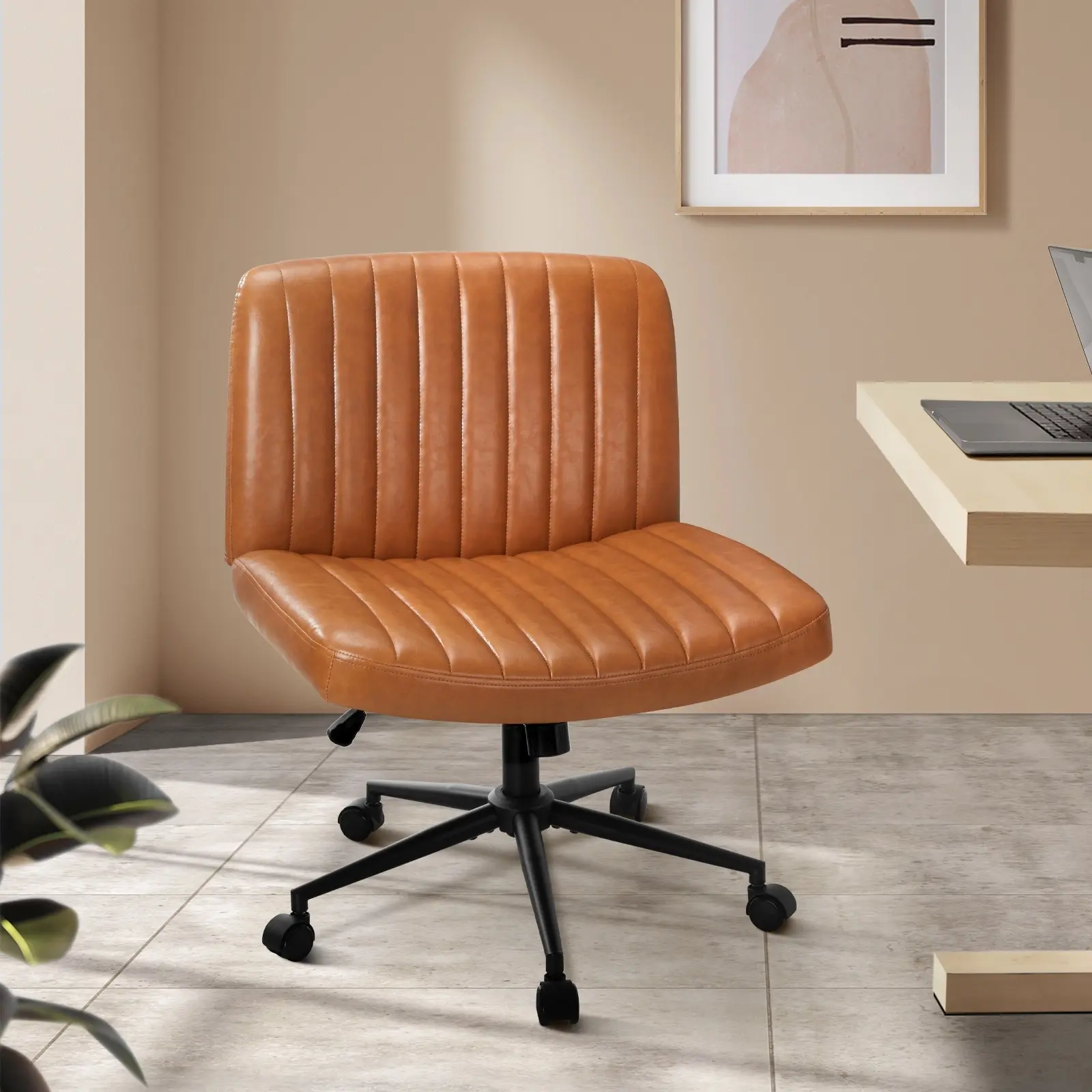 Oikiture Mid Back Armless Office Desk Chair Wide Seat with Wheels Leather Brown - Save up to 70% Off Office Furniture Specials