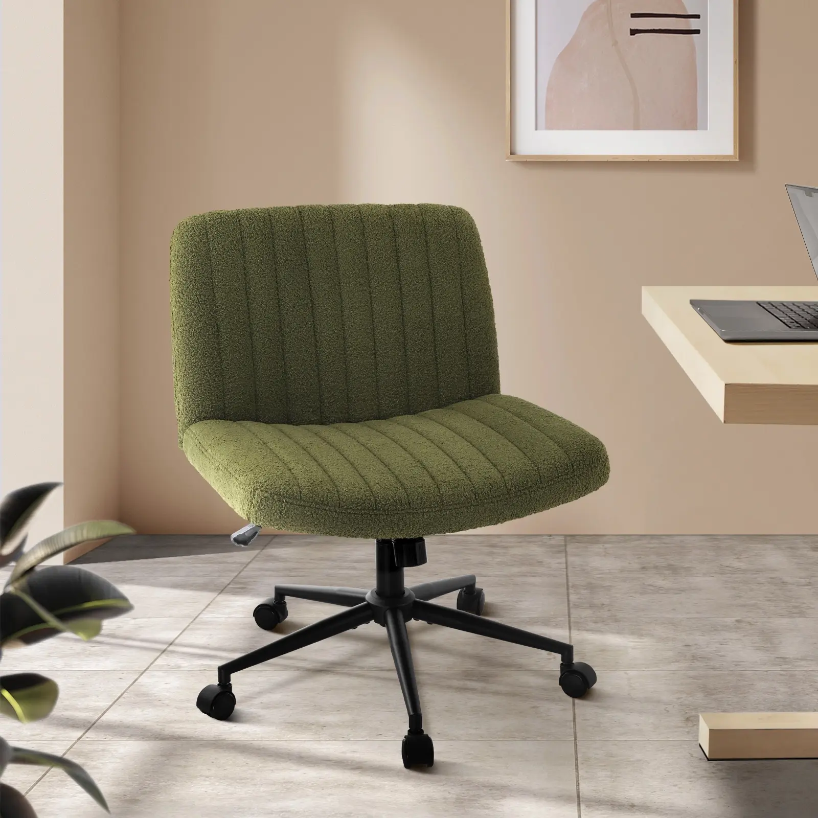 Oikiture Mid Back Armless Office Desk Chair Wide Seat with Wheels Sherpa Green - Furniture
