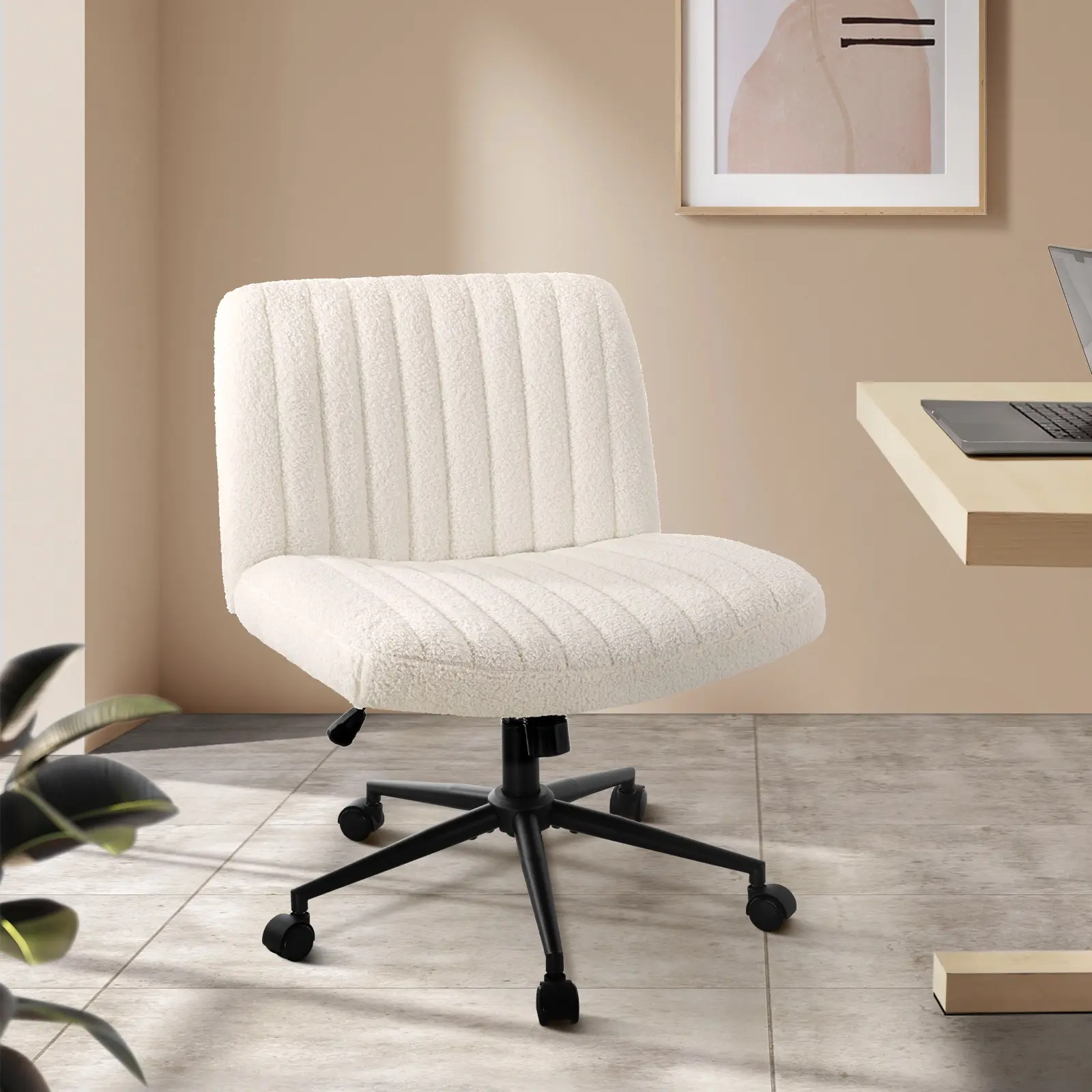Oikiture Mid Back Armless Office Desk Chair Wide Seat with Wheels Sherpa White - Save up to 70% Off Office Furniture Specials