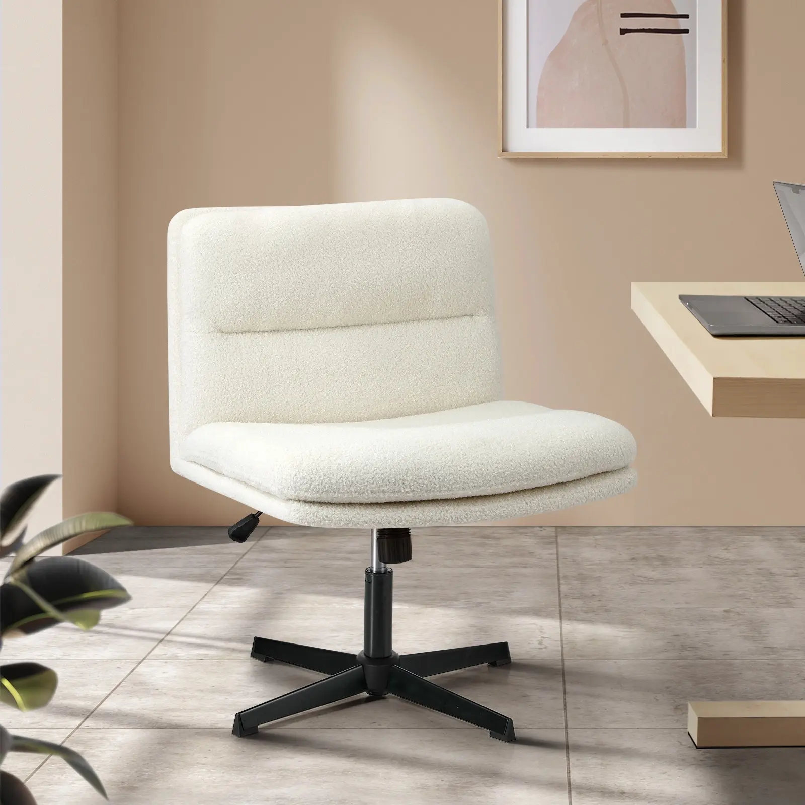 Oikiture Mid Back Armless Office Desk Chair Wide Seat No Wheels Boucle White-PADCROSS