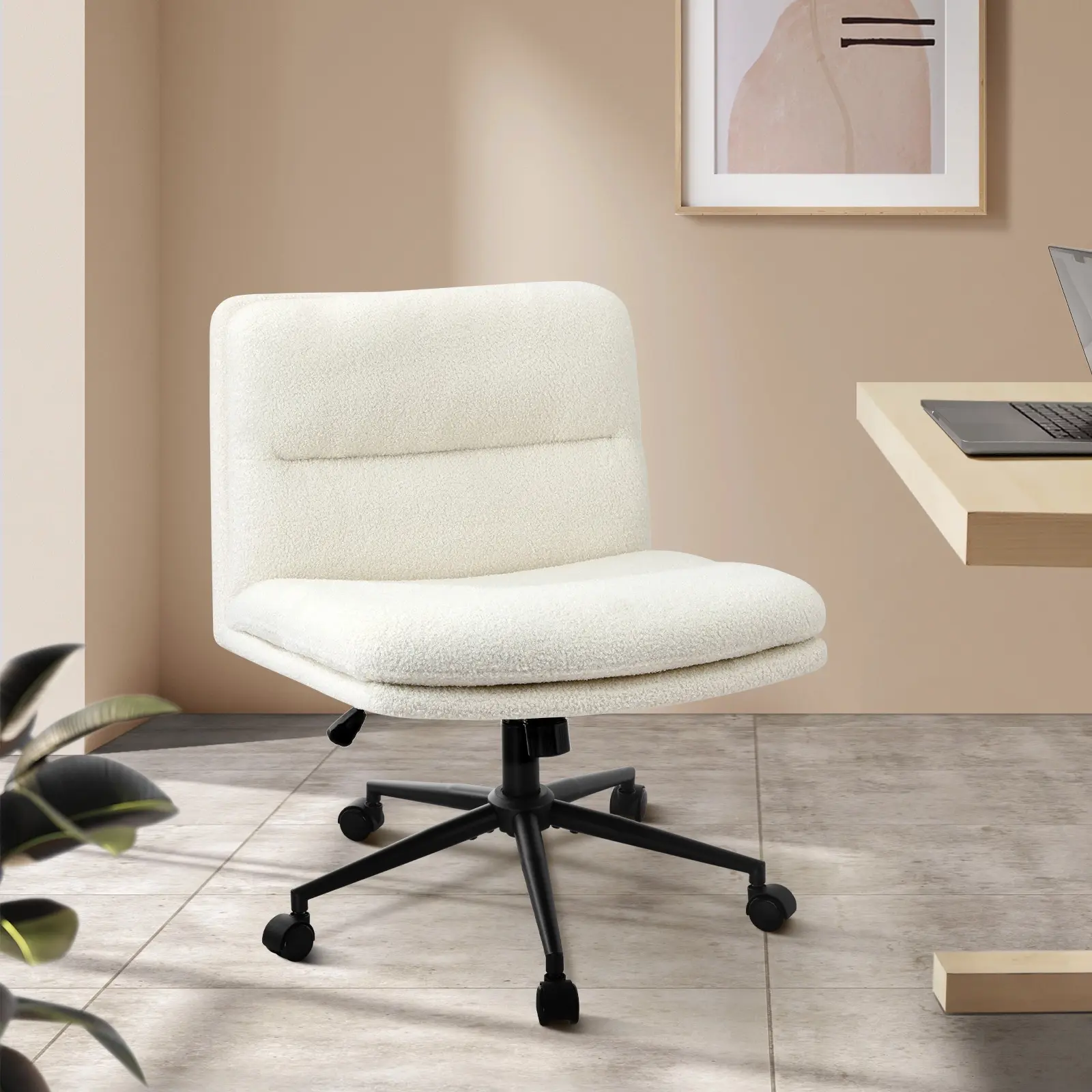 Oikiture Mid Back Armless Office Desk Chair Wide Seat Boucle White with Wheels-ROLCROSS