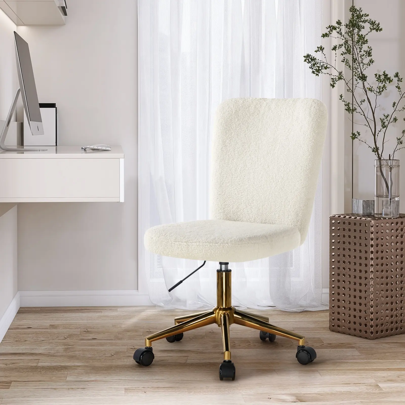 Oikiture High Back Armless Home Office Chair Boucle White&Gold - Save up to 70% Off Office Furniture Specials