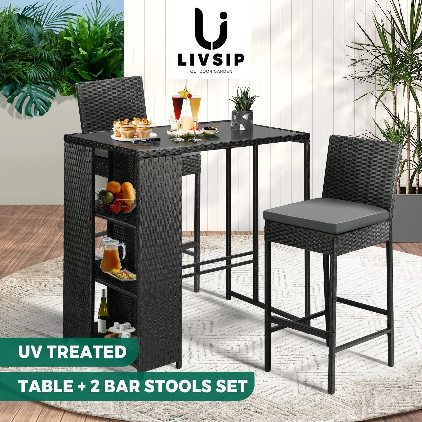Livsip Outdoor Bar Table Dining Chairs Stools Set Rattan Patio Furniture 3 Piece - Up to 65% off Outdoor Furniture