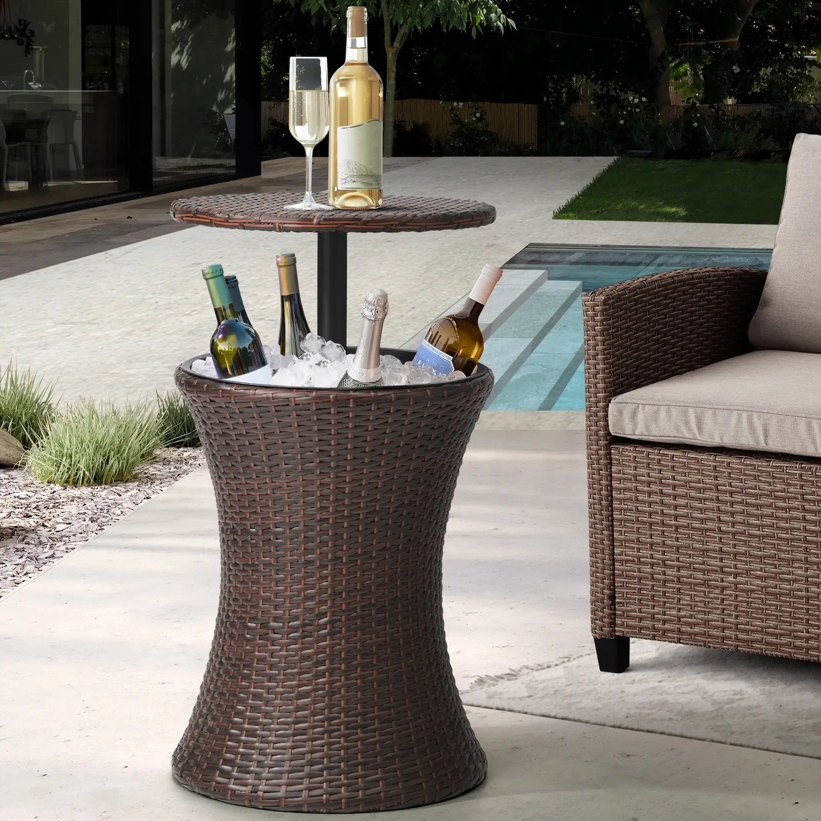 Livsip Rattan Cooler Ice Bucket Table Bar Outdoor Patio Pool Storage Party Brown - Furniture