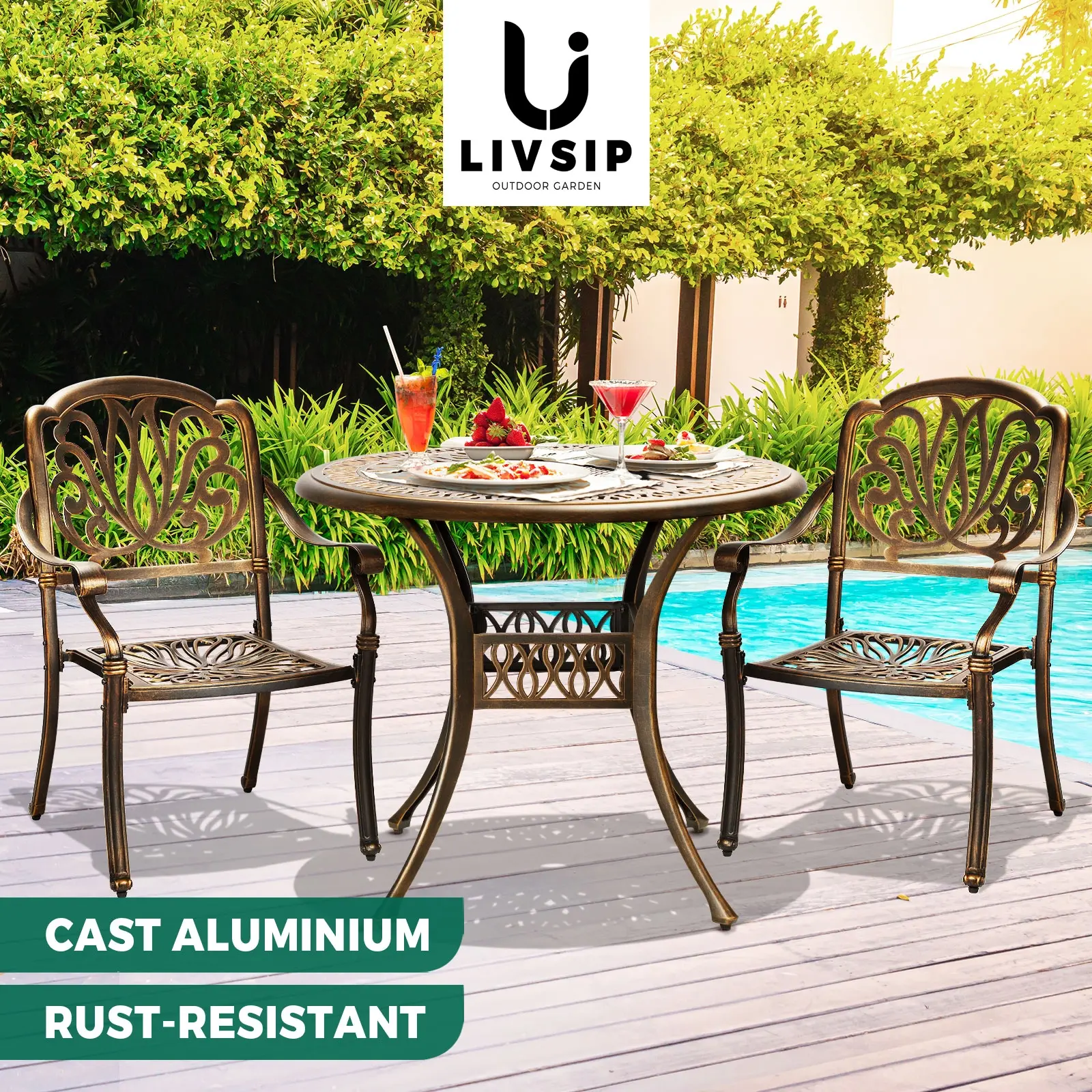Livsip Outdoor Dining Chairs 3 Piece Bistro Set Cast Aluminium Patio Furniture - Up to 65% off Outdoor Furniture