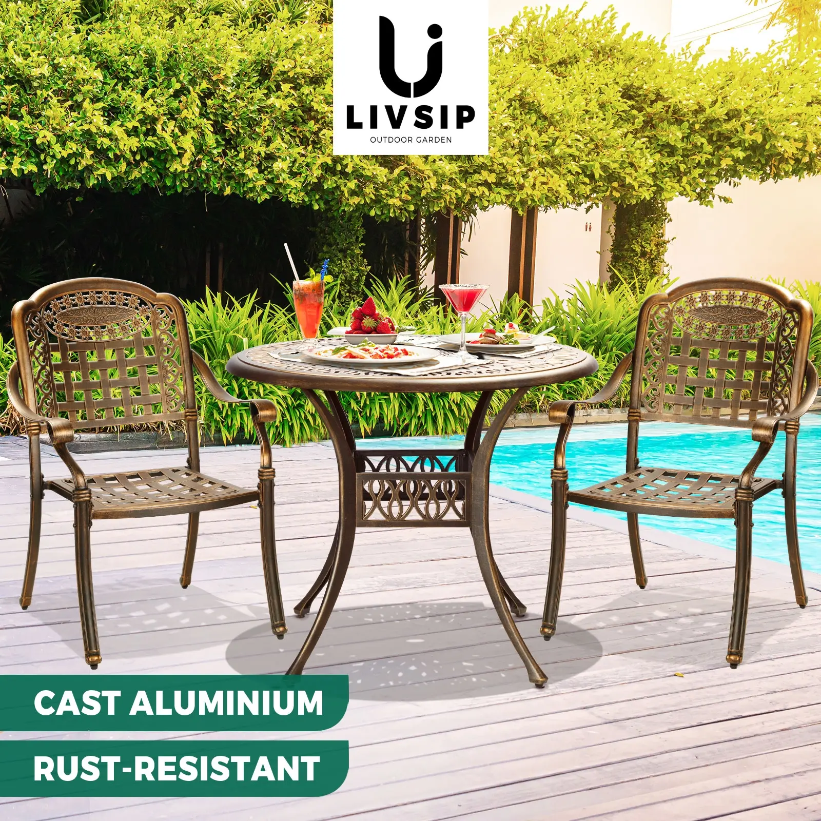 Livsip 3 Piece Outdoor Dining Chairs Bistro Set Cast Aluminium Patio Furniture - Up to 65% off Outdoor Furniture