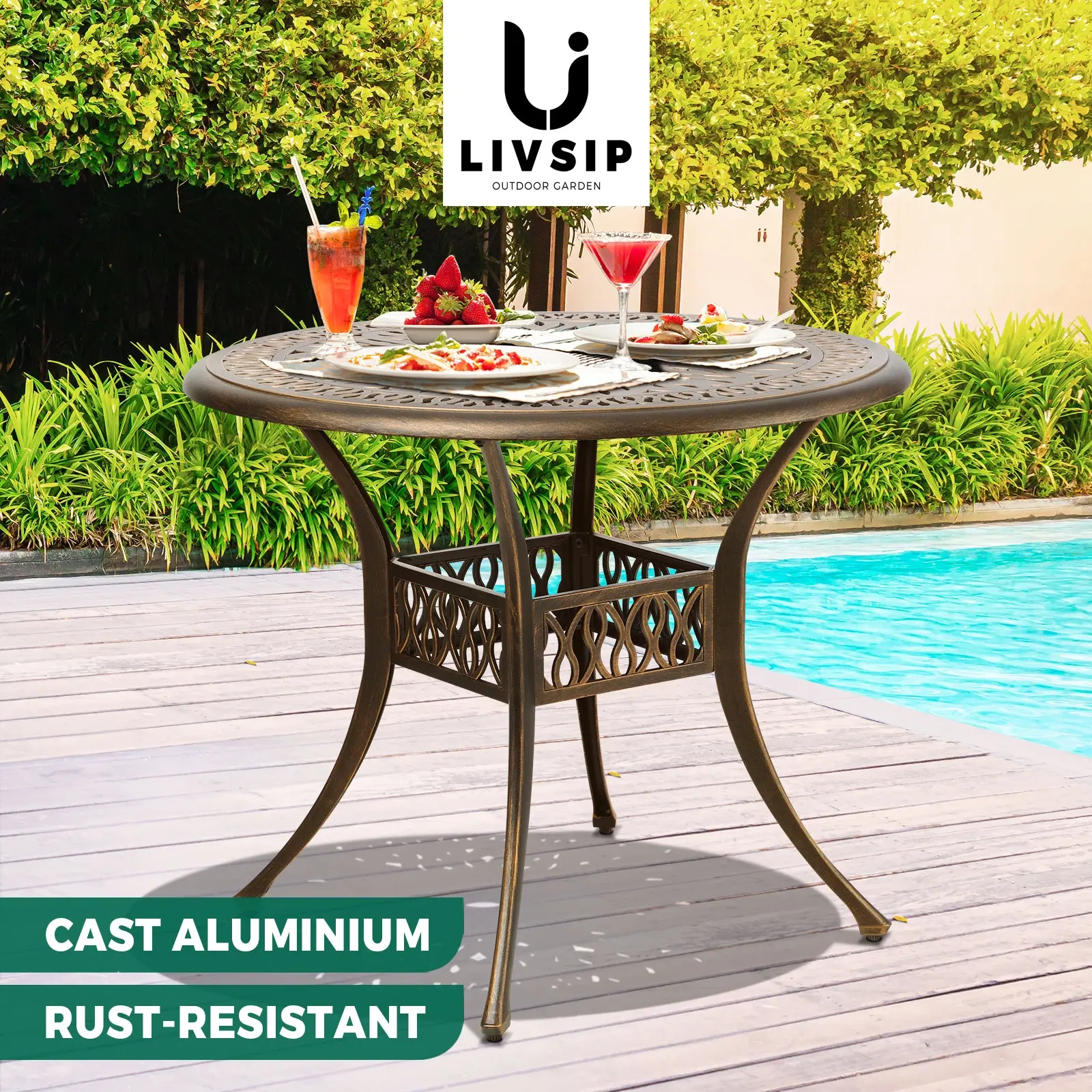 Livsip Garden Table Bronze Cast Aluminium Outdoor Patio Dining Side Table 75cm - Furniture