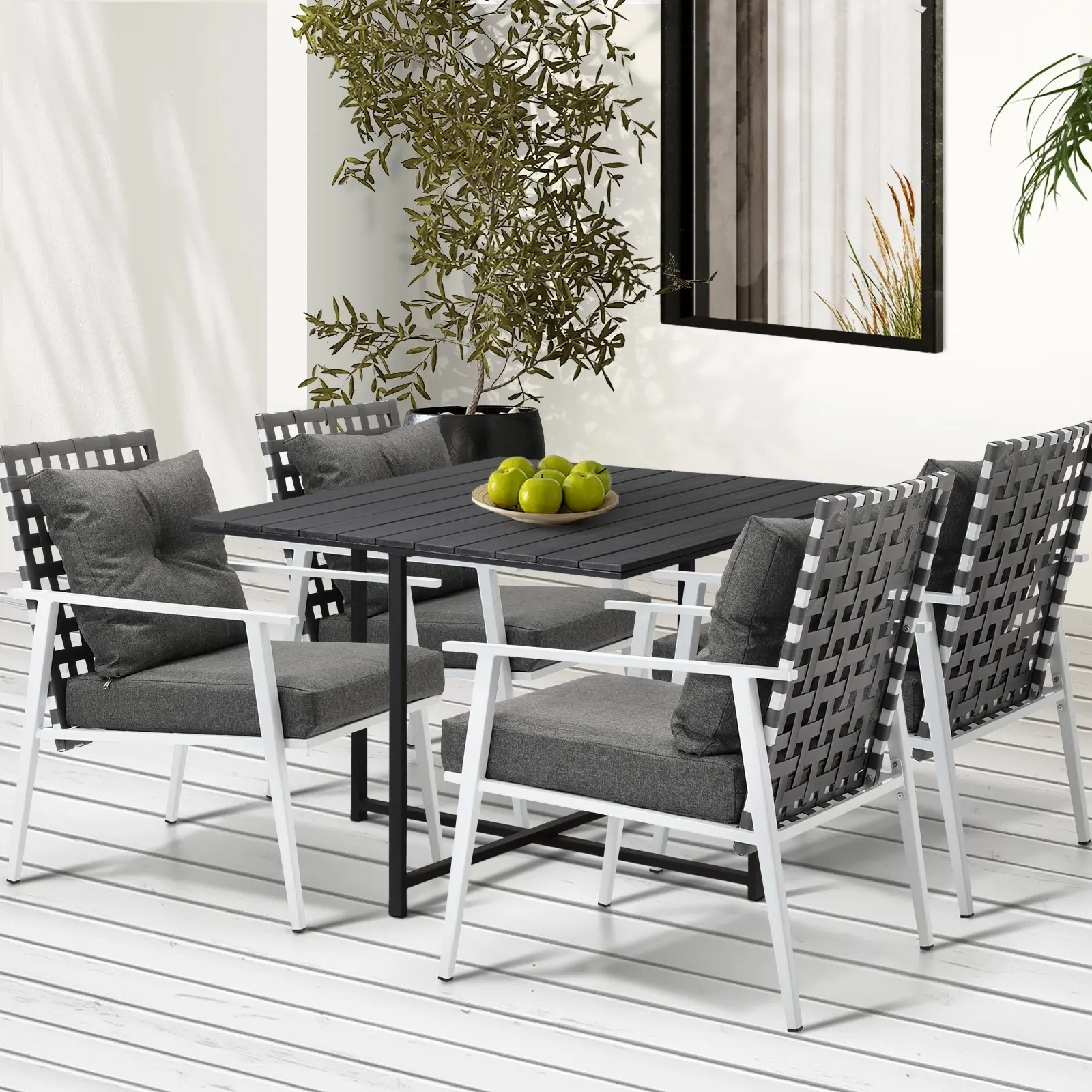 Livsip Outdoor Dining Set Patio Furniture Balck Table Rattan White Chairs 4 Seater