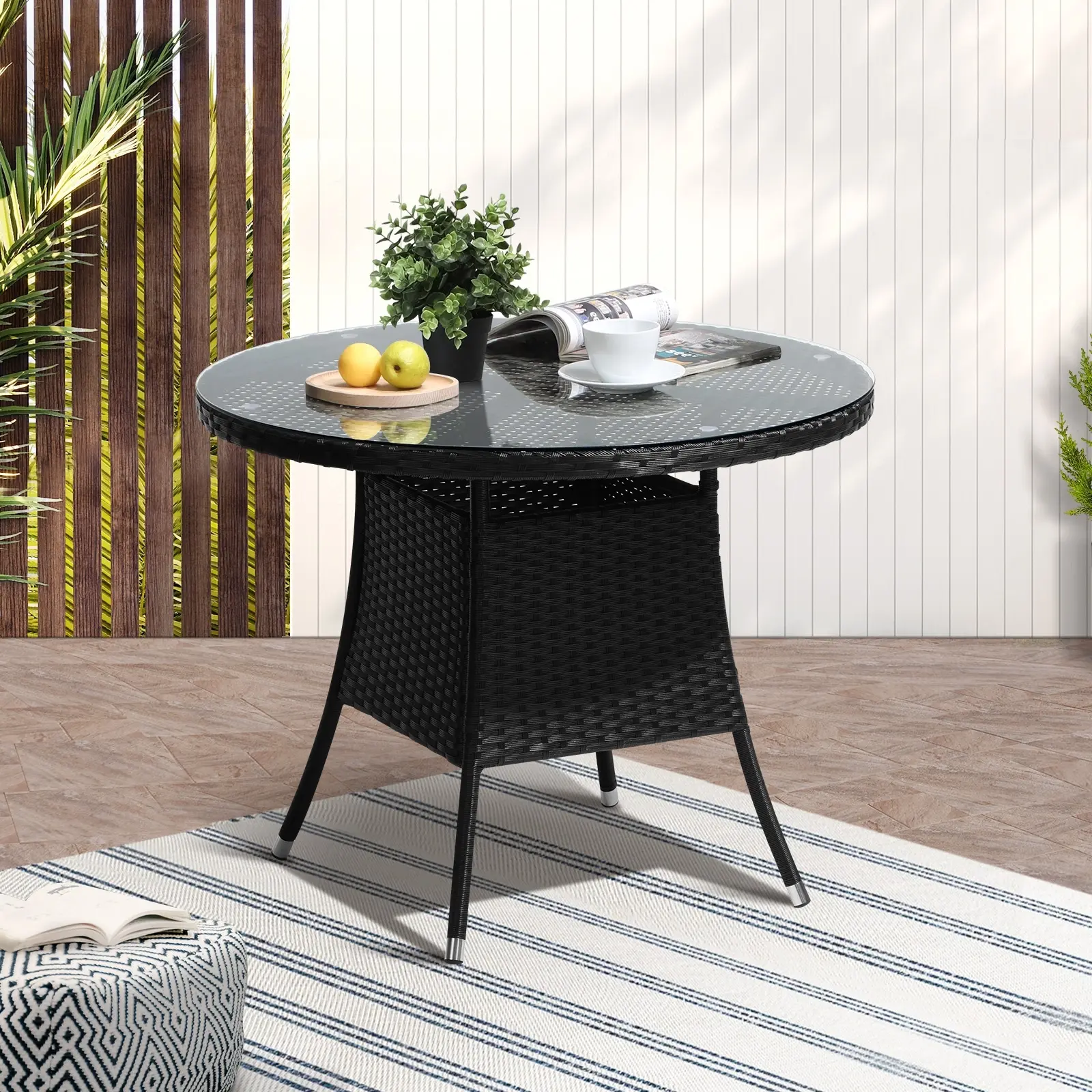 Livsip Outdoor Dining Table 90CM Round Rattan Glass Table Patio Furniture Black - Up to 65% off Outdoor Furniture