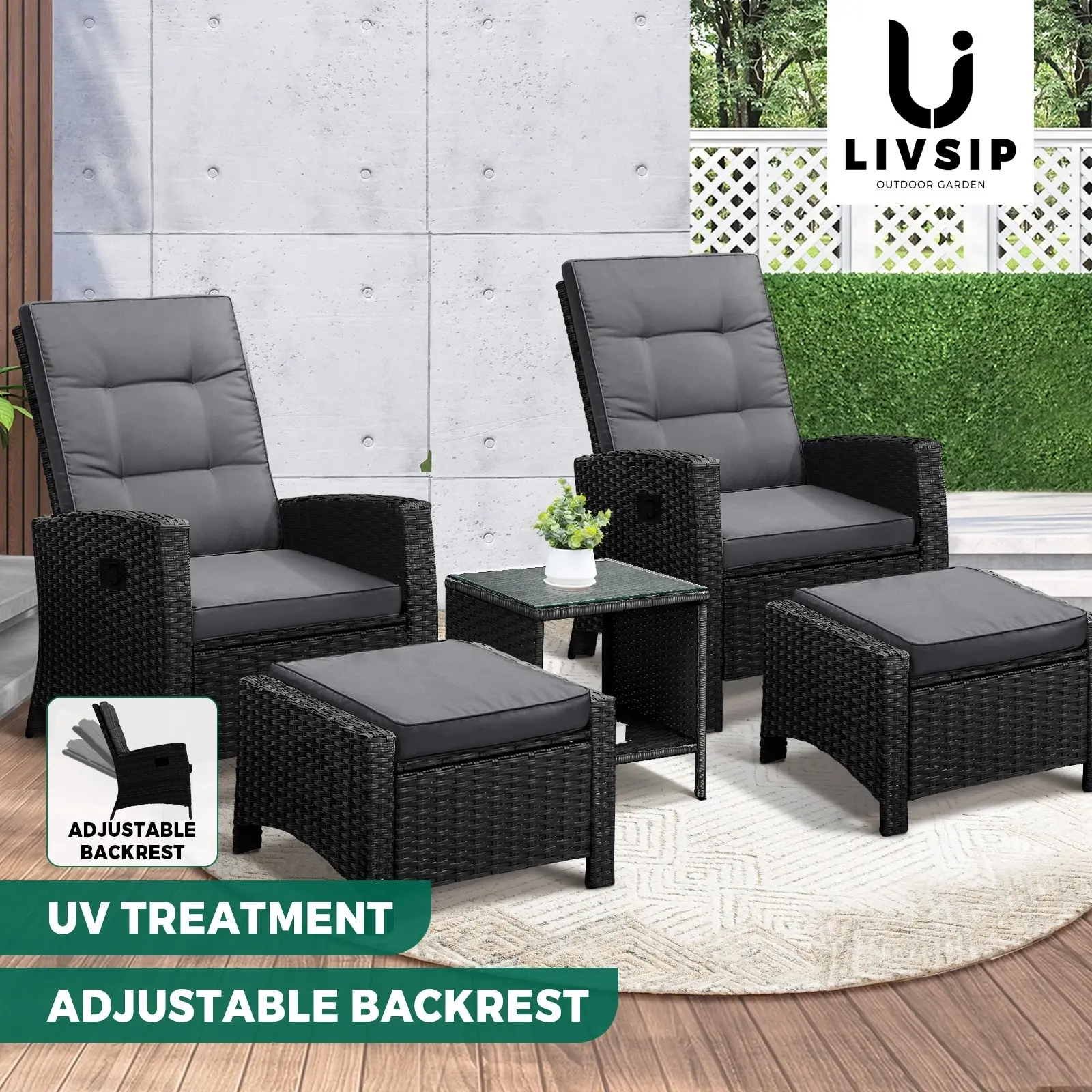 Livsip Outdoor Recliner Chair & Table Set Wicker lounge Patio Furniture Setting