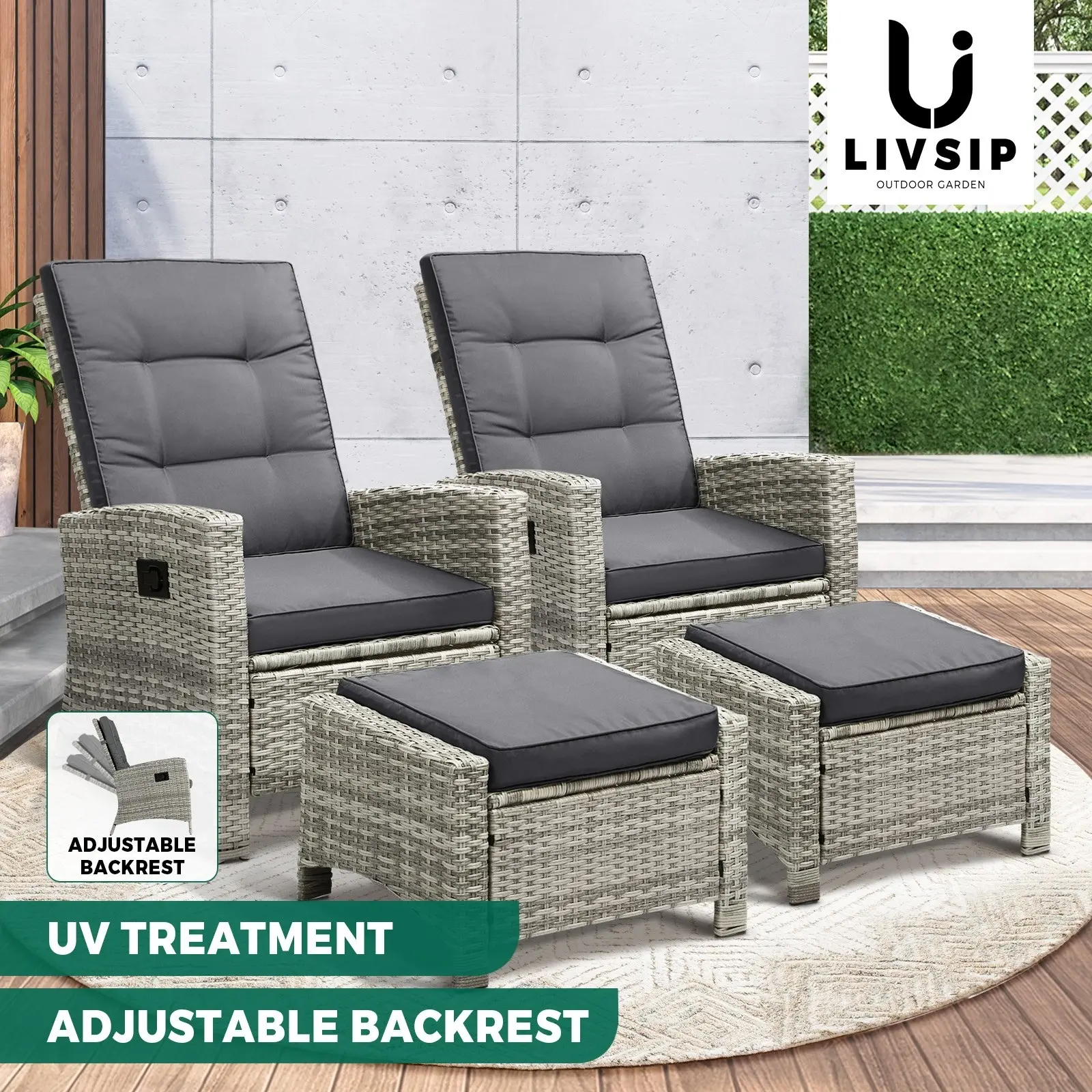 Livsip Recliner Chairs Outdoor Sun Lounger Setting Wicker Sofa Patio Furniture - Up to 65% off Outdoor Furniture