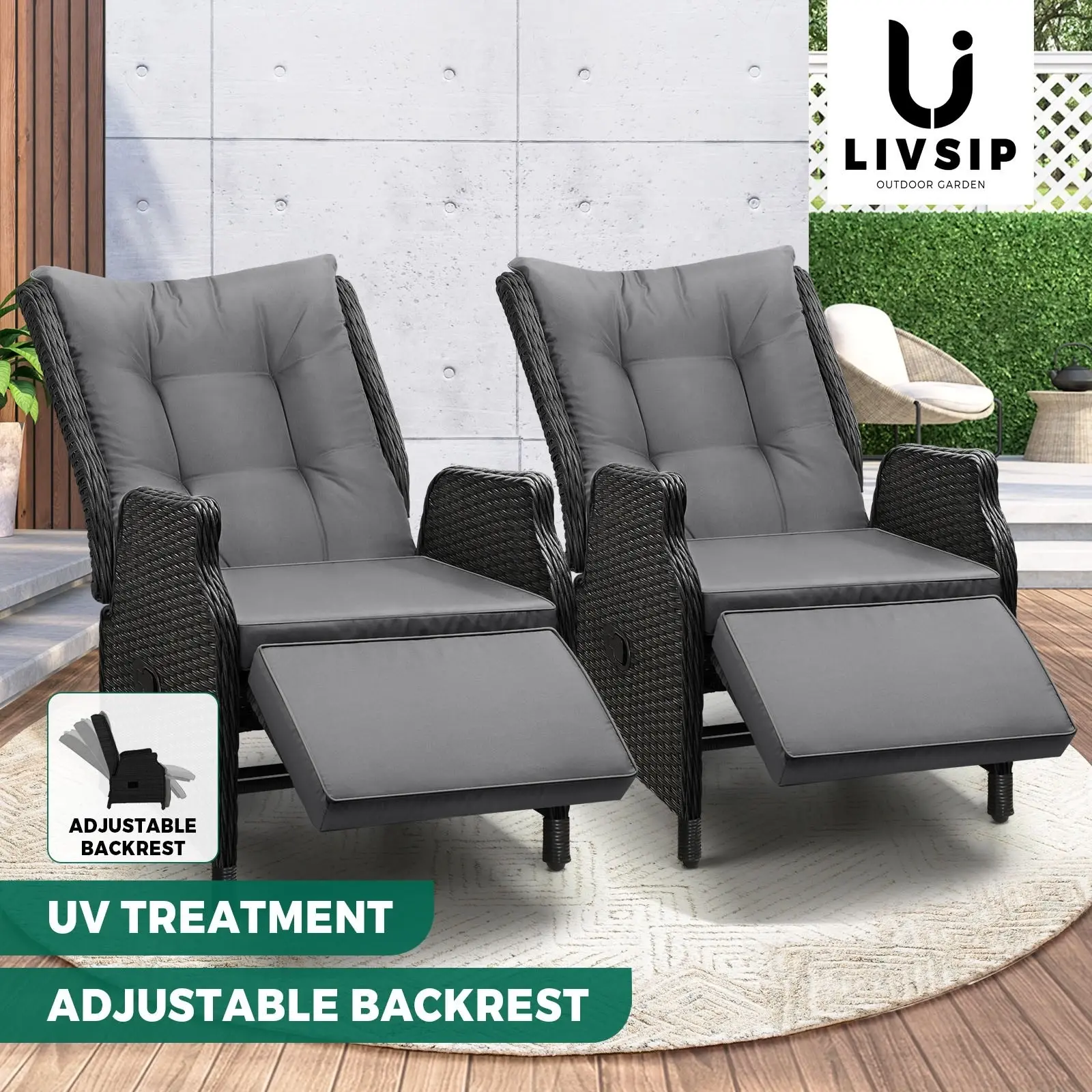 Livsip Sun Lounge Recliner Chairs Outdoor Furniture Patio Wicker Sofa 2 Piece