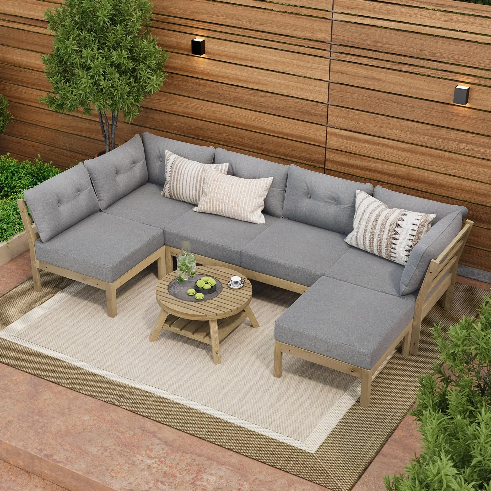 Livsip 7 Piece Outdoor Sofa Set 6-Seater Lounge Setting Garden Table Chairs Grey