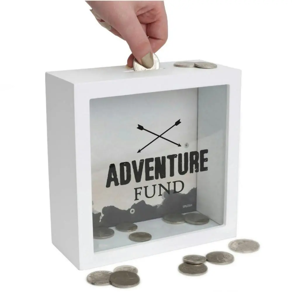 Splosh Wood Adventure Fund Savings Money Change Box Storage 18x18cm Square White - Hobbies