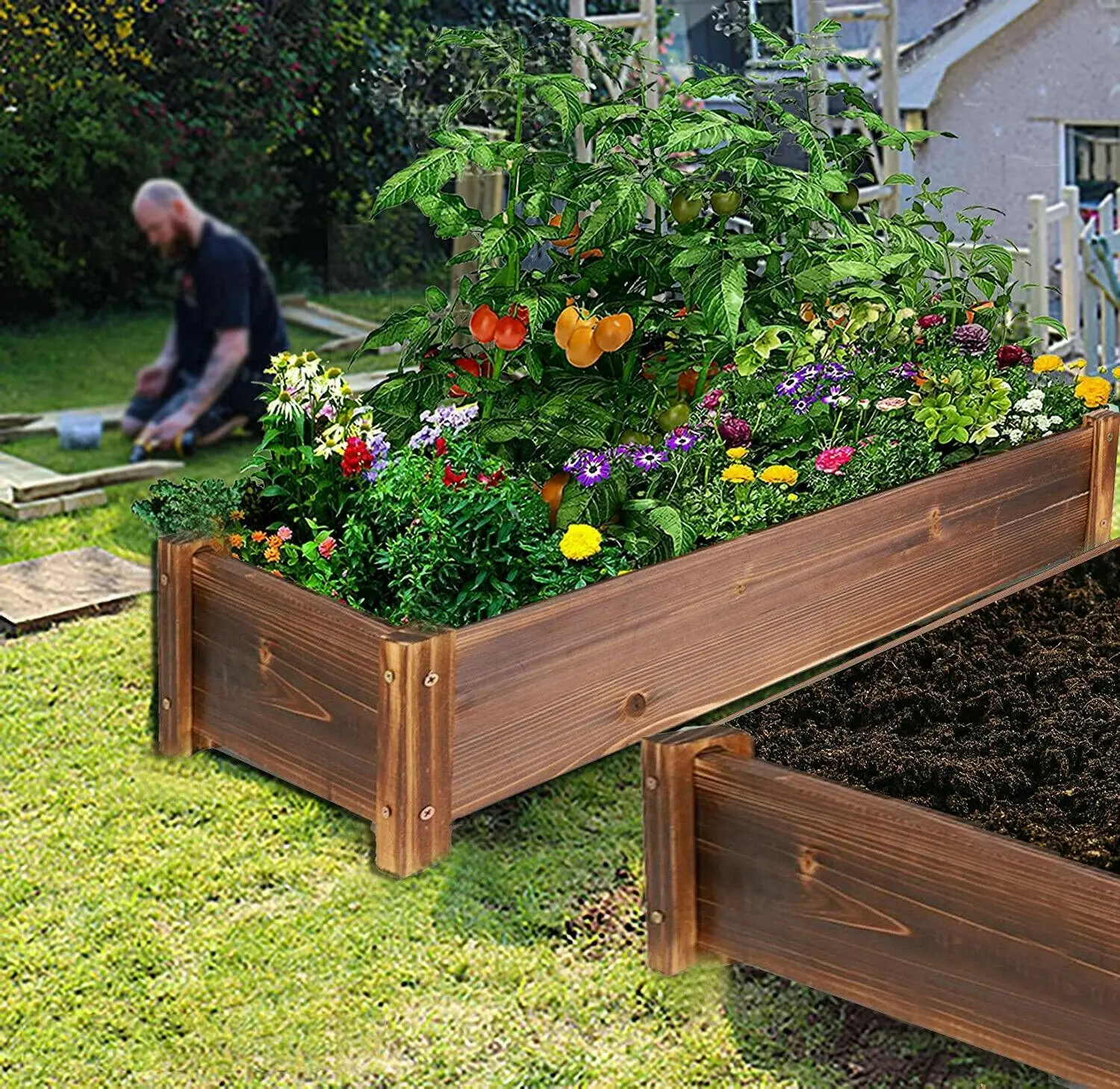 Fin Large Rectangular Wooden Planters Garden Outdoor Flower Plant Herbs Pot Boxes - Home & Garden