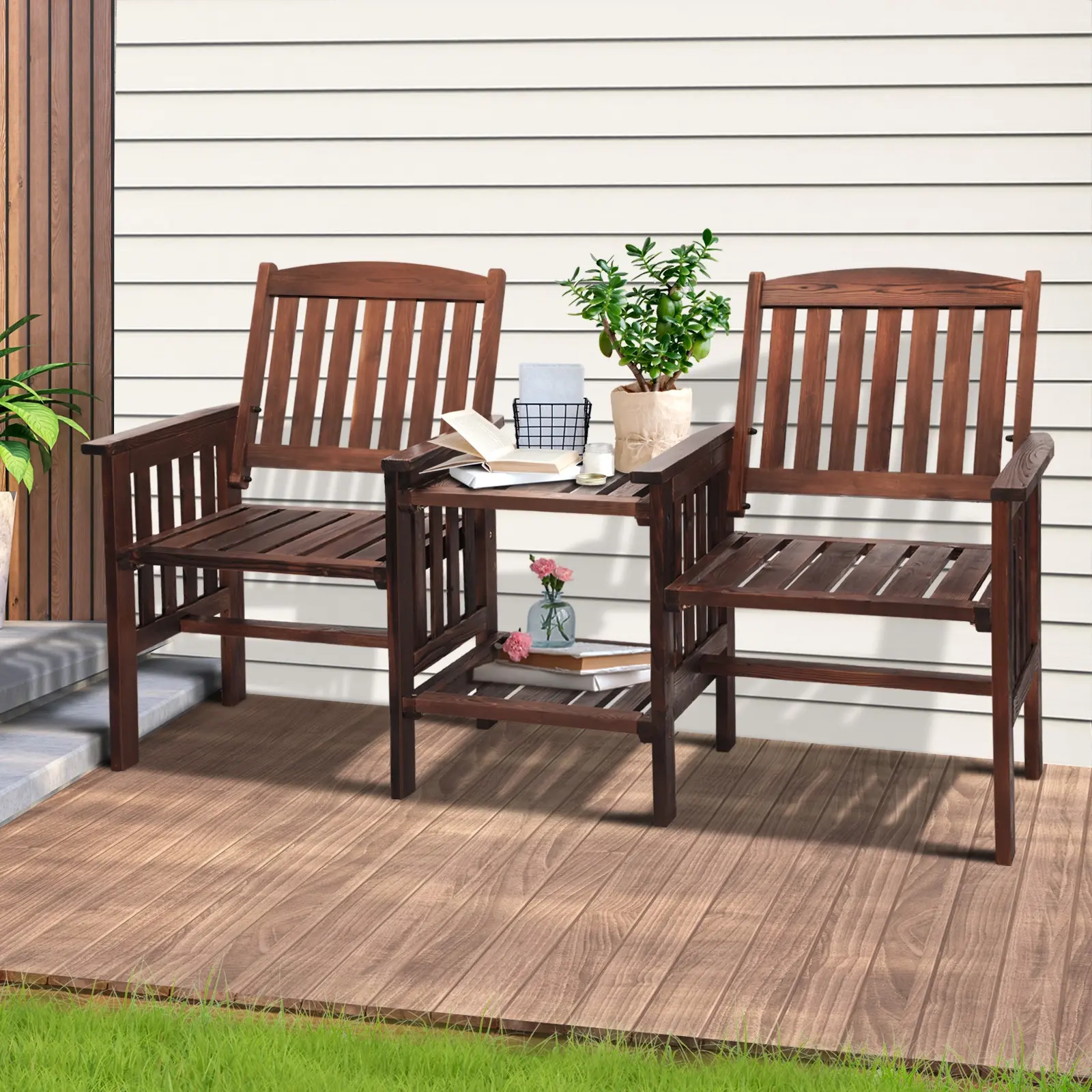 Livsip Outdoor Wooden Chair Garden Bench 2 Seat & Table Loveseat Patio Furniture - Up to 65% off Outdoor Furniture