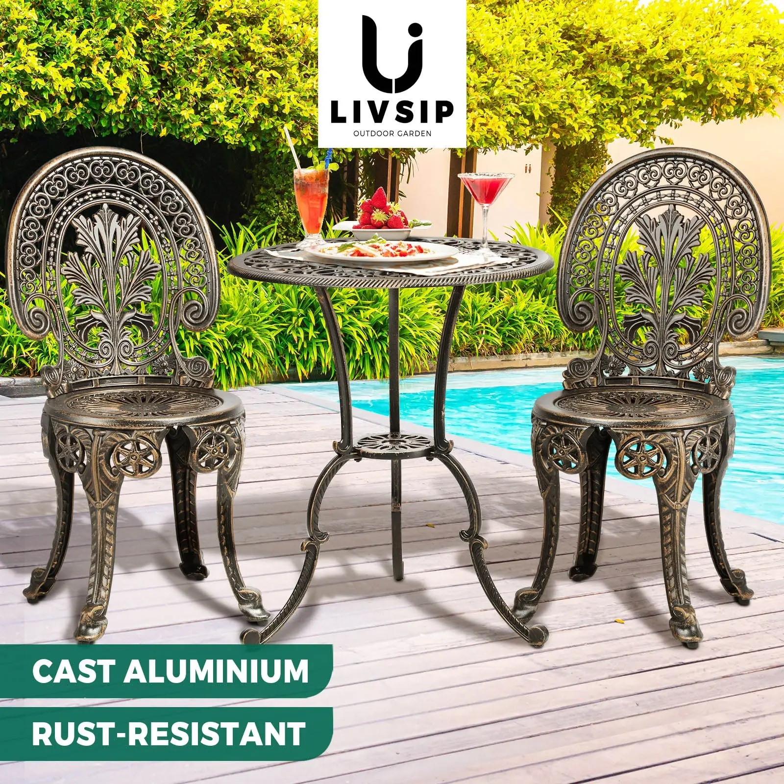 Livsip Outdoor Furniture Bistro Set 3pcs Chair Table Cast Aluminium Patio Garden - Up to 65% off Outdoor Furniture